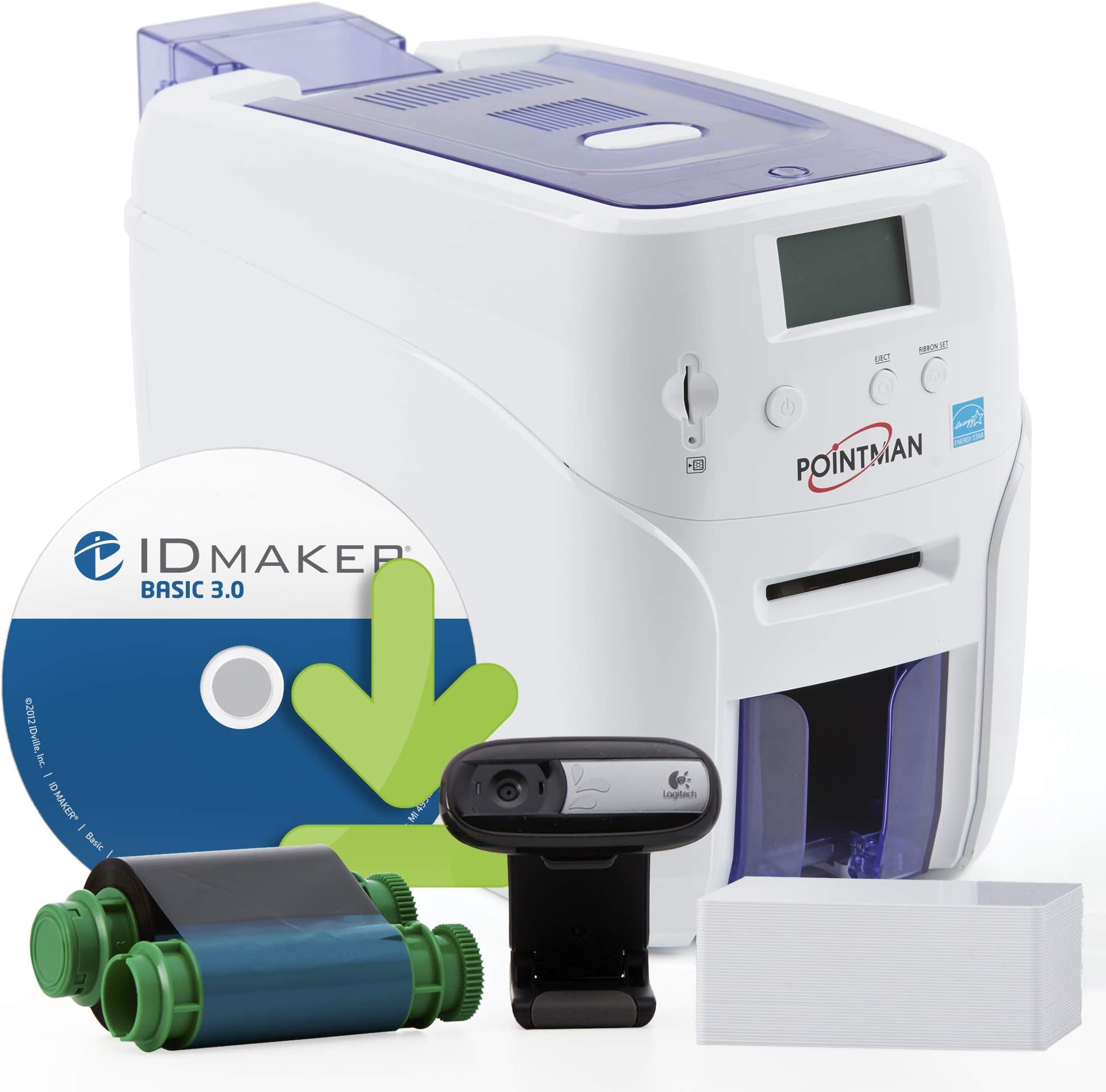 Pointman Nuvia N20 1-Sided ID Card Printer & Complete Supplies Bundle with ID Badge Design Software and Camera