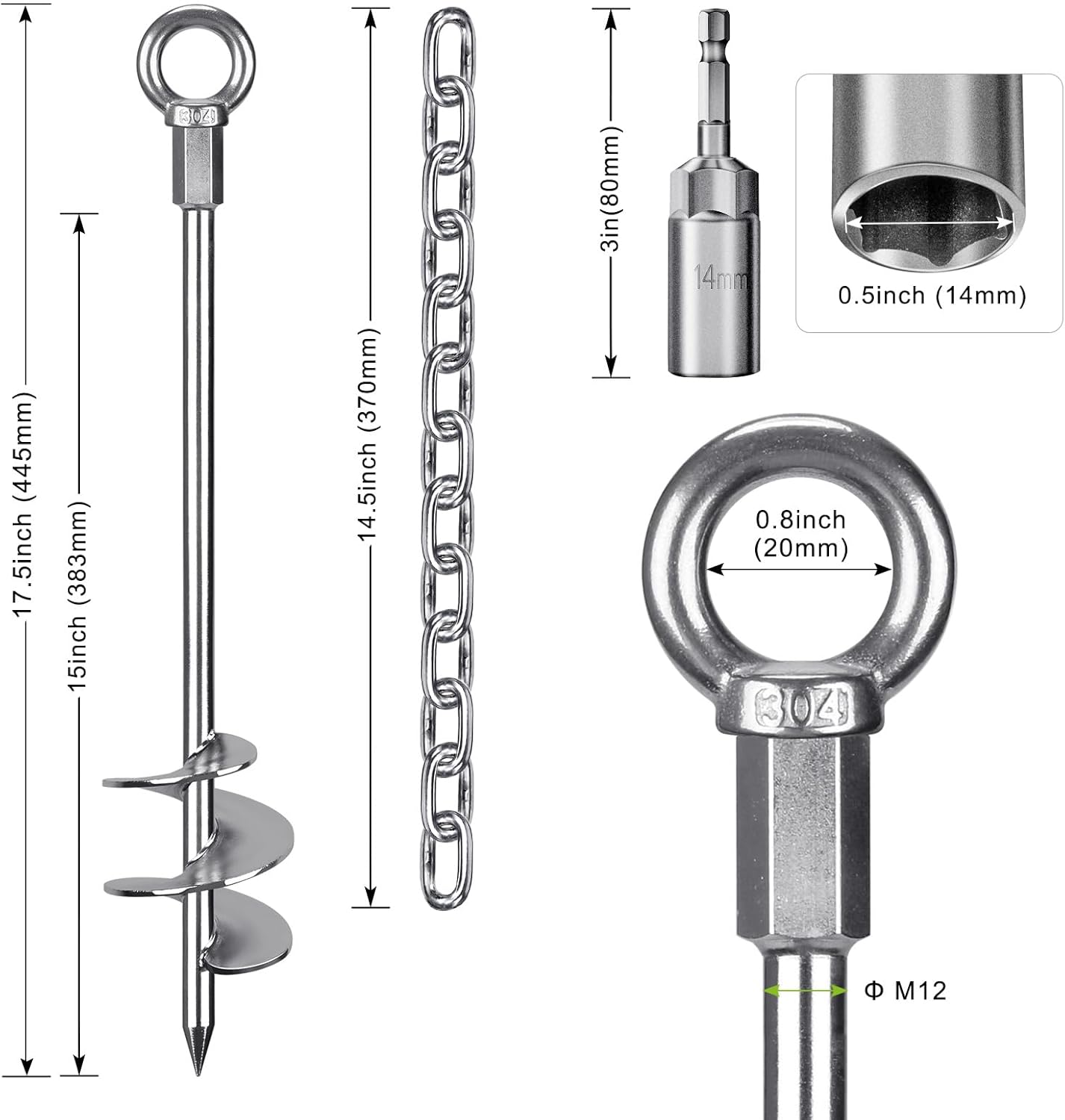 17.5'' Fully Welded Ground Anchors with Chain, 3'' Wider Spiral Trampoline Anchors, 4pcs Mobile Home Anchors, Heavy Duty Earth Anchors for Sheds, Swing Sets, Canopies, Carports