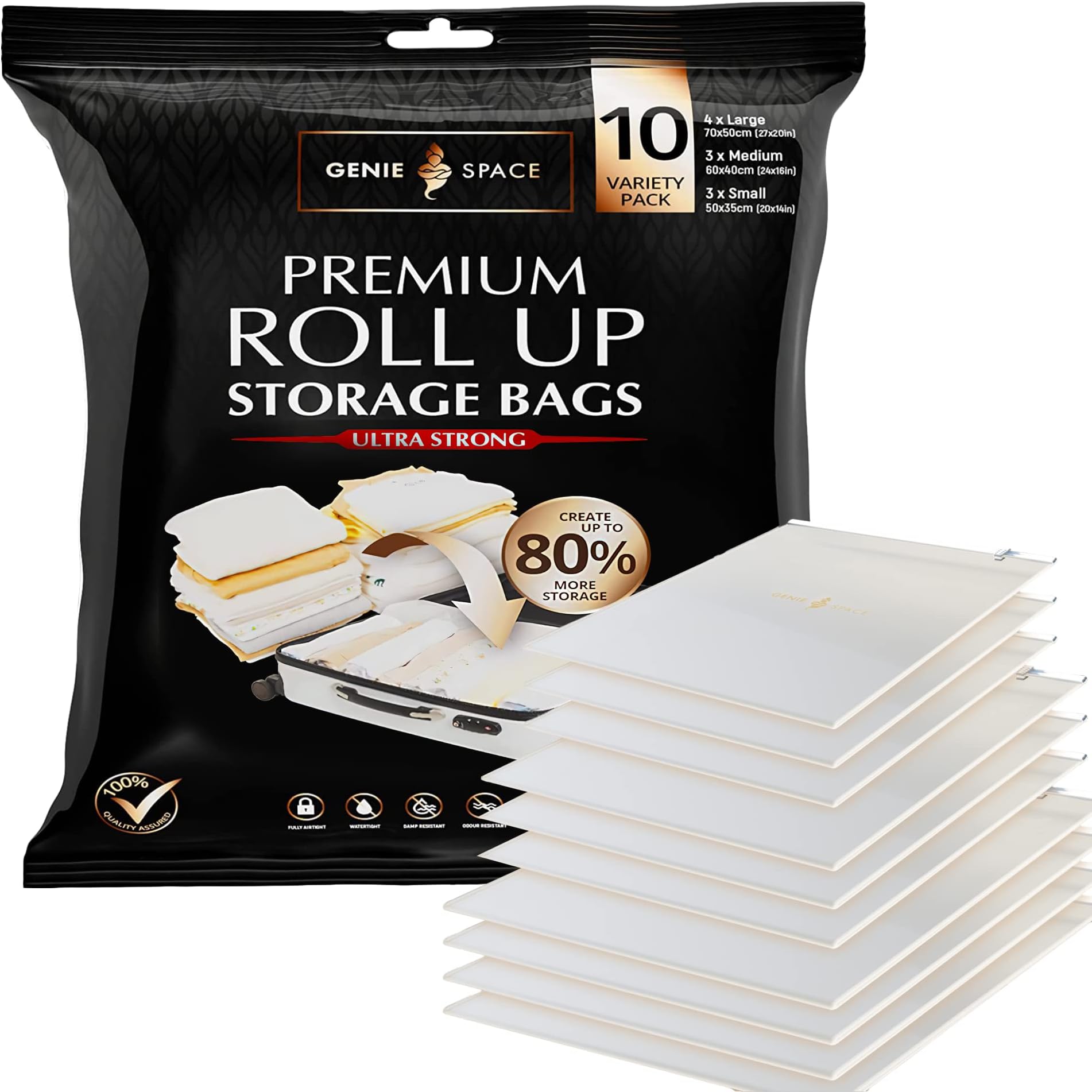 GENIE SPACE Roll-Up Compression Bags for Clothes – Airtight, Waterproof & Reusable Travel Space Saver Bags, No Pump Needed – Variety 10-Pack (4 Large, 3 Medium, 3 Small)