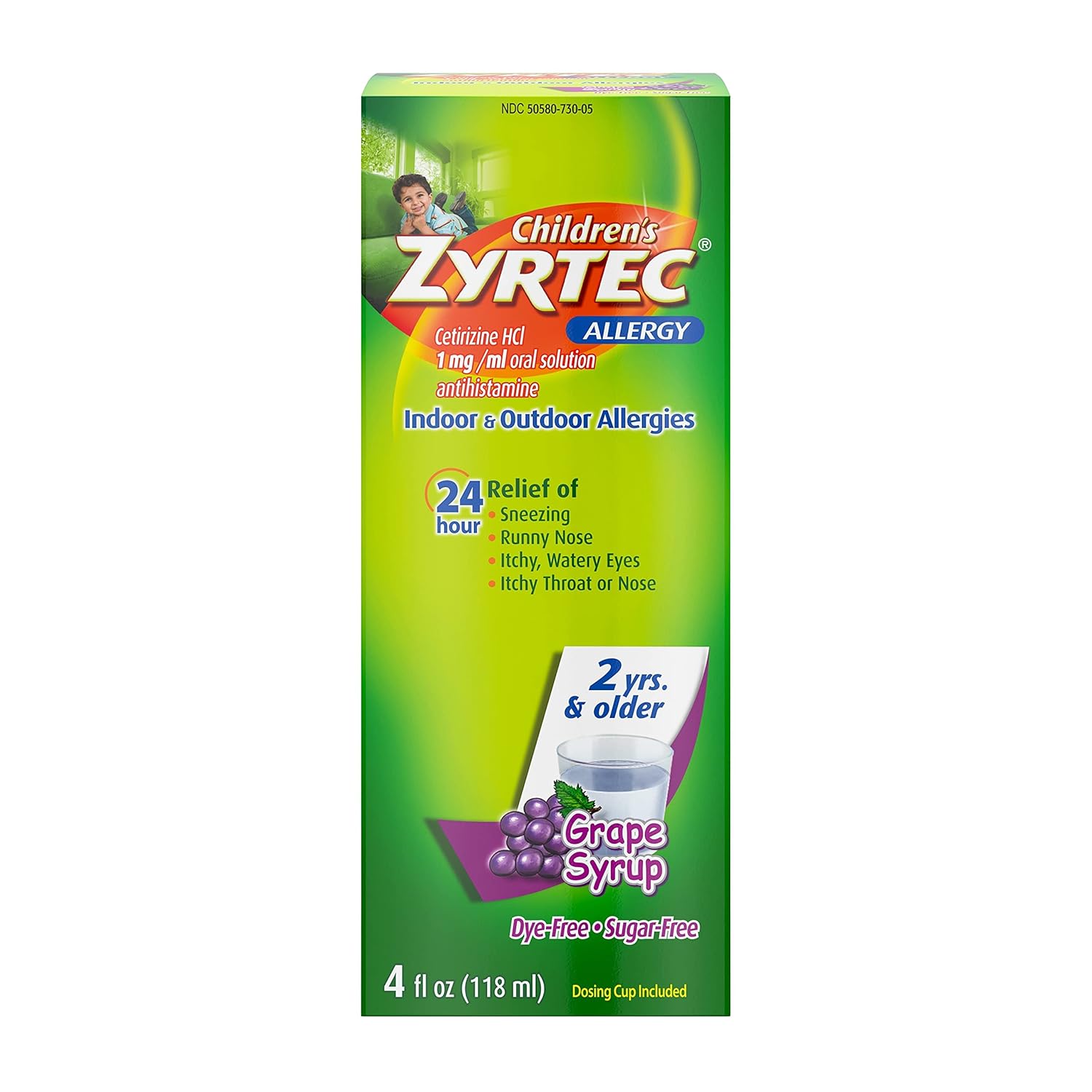 Zyrtec Jarabe para alergias infantiles, sin colorantes, uva