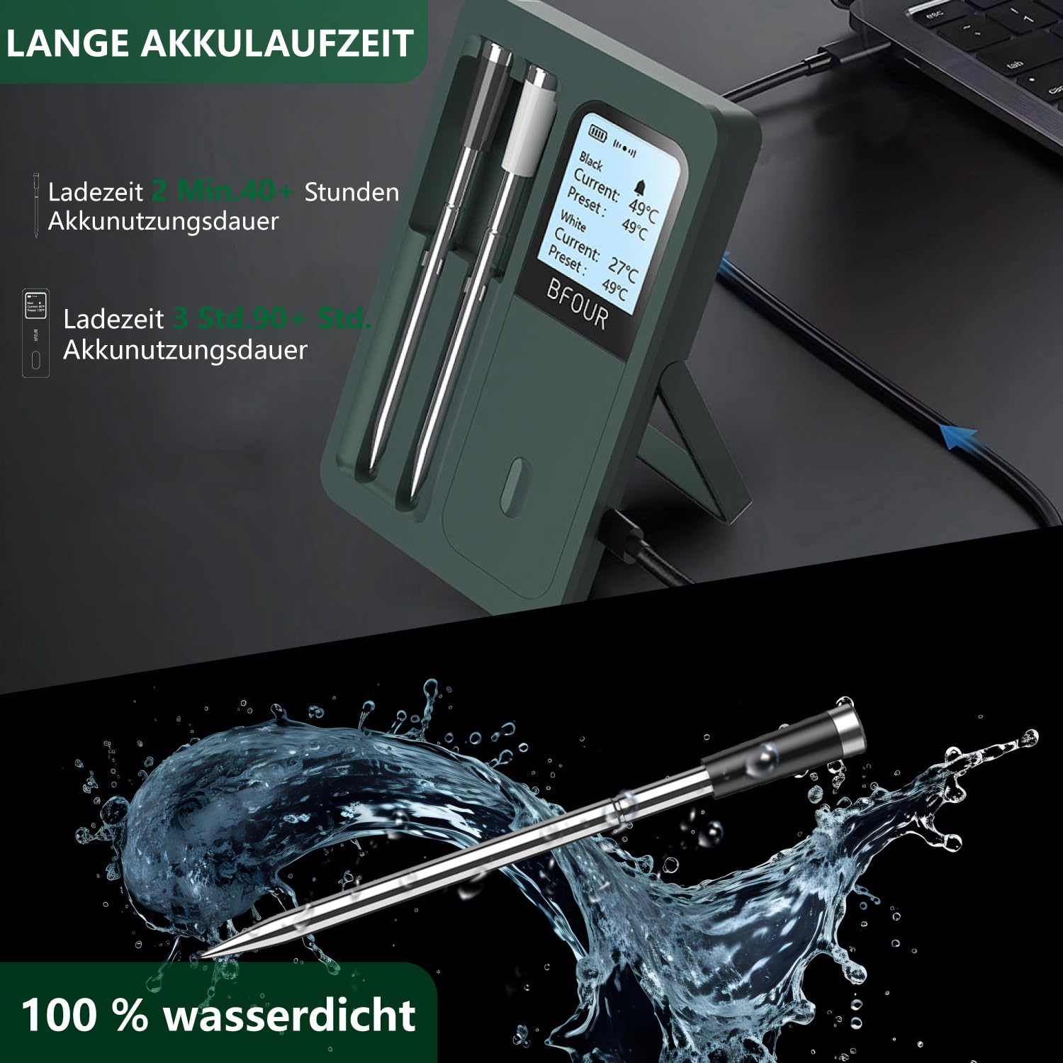 BF-40 Fleischthermometer kabellos mit 2 Sonden, LCD-Display, App-Steuerung, IP67 Wasserdicht, Bluetooth Grillthermometer für Grill, Raucher, Backofen, Küche, Bratenthermometer
