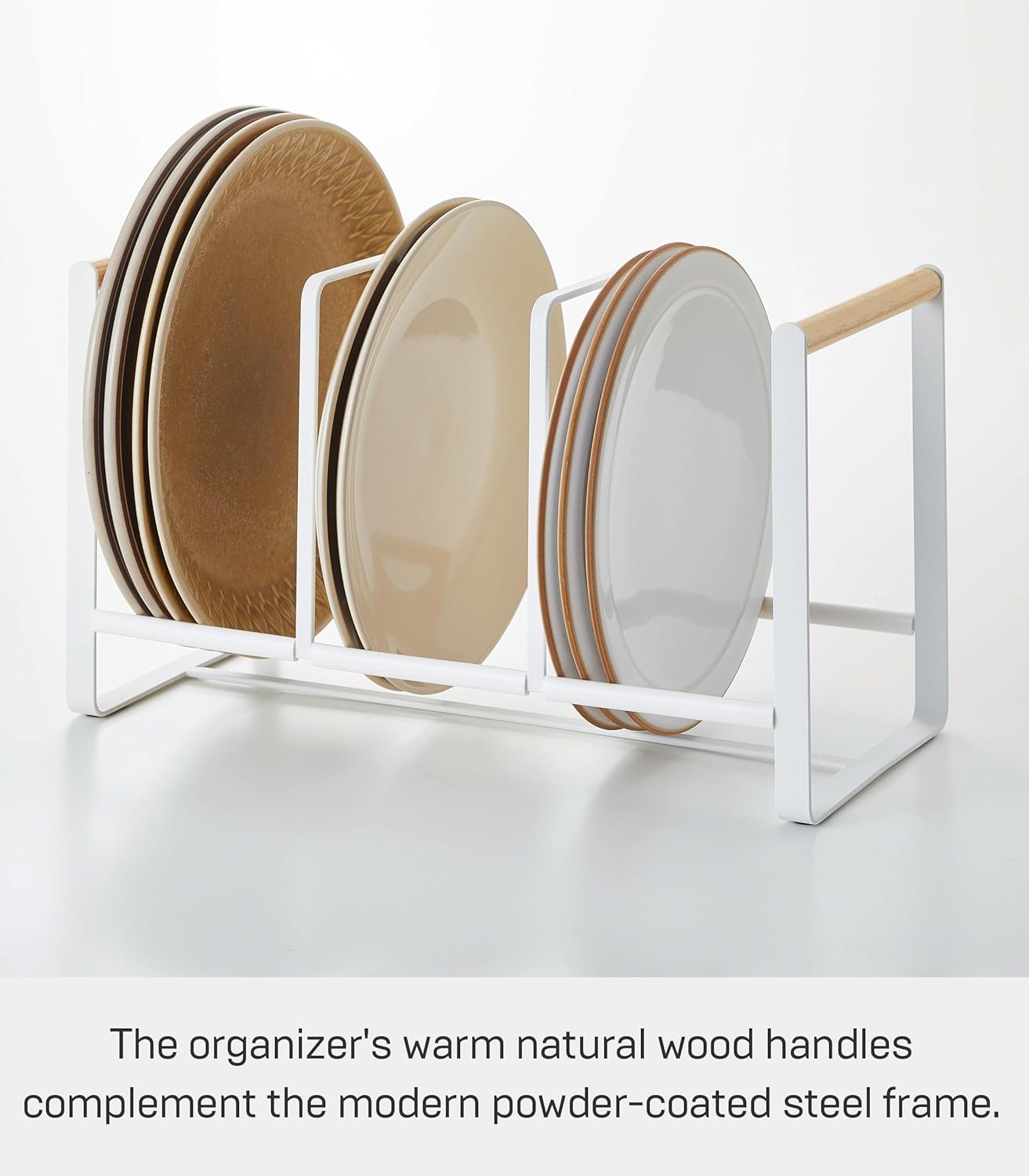 YAMAZAKI Home Tosca Wood-Accented Dish Storage Rack - Kitchen Organizer Holder Stand - Steel + Wood
