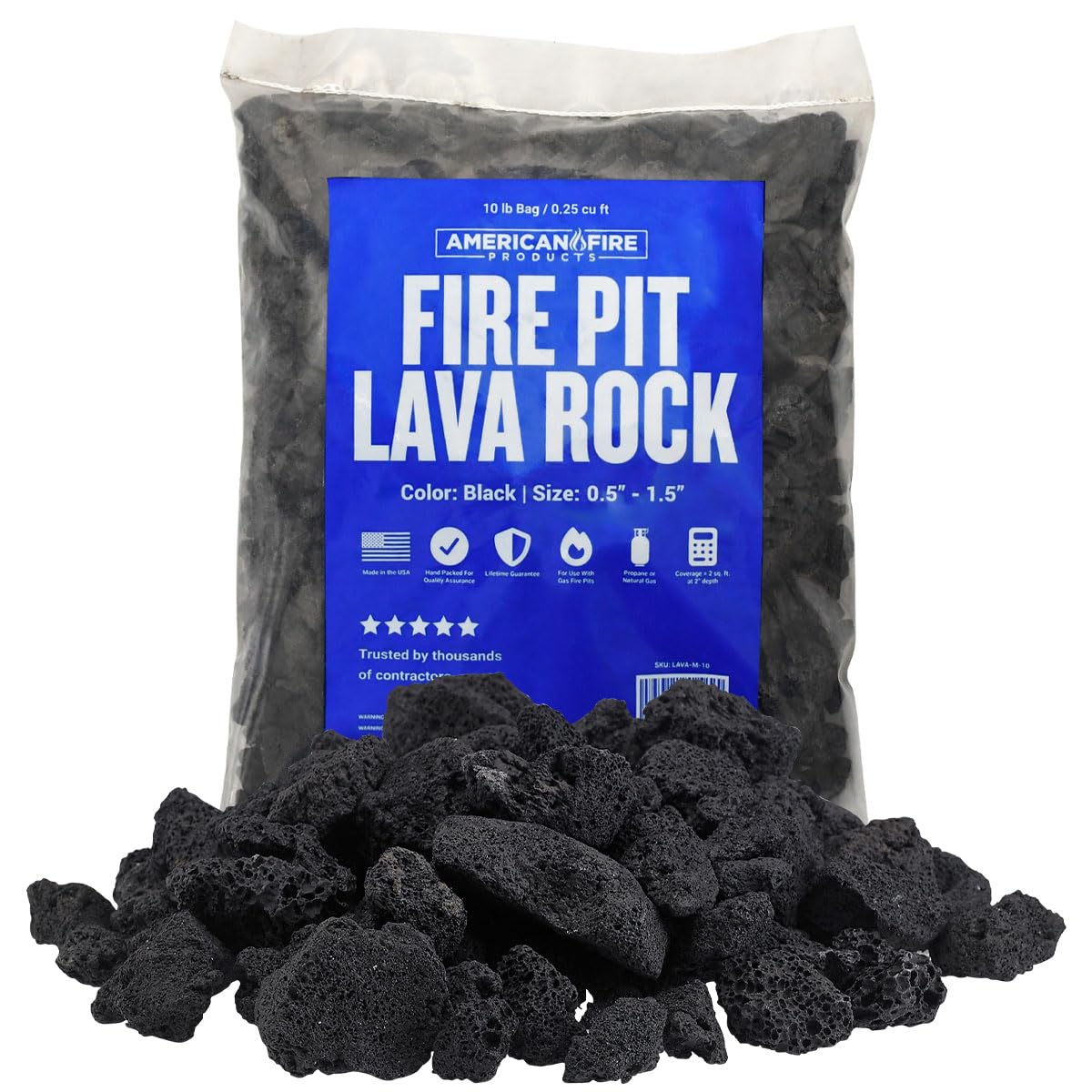 American Fire Products | Medium Lava Rock, 1/2" - 1" | Use in Fireplace, Fire Pit or Bowl | Outdoor & Indoor Volcanic Rock for Natural Gas or Propane Fires | Decorative Landscaping | 10 lb Bag