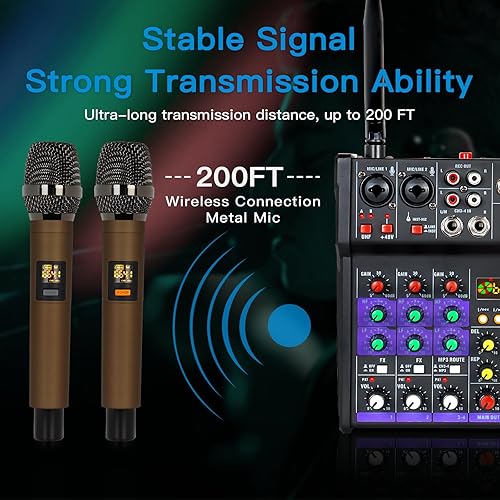 Miniatura 7 de Mezclador de audio de 4 canales para DJ con micrófono inalámbrico doble, consola de placa de sonido, MP3, Bluetooth, 48V, alimentación fantasma,