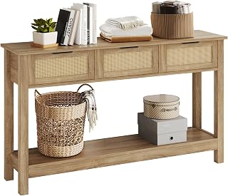 Luoxiao Boho Rattan Console Table with 3 Drawers - 47" Narrow Entryway Sofa Table for Hallway, Living Room, Natural Wood
