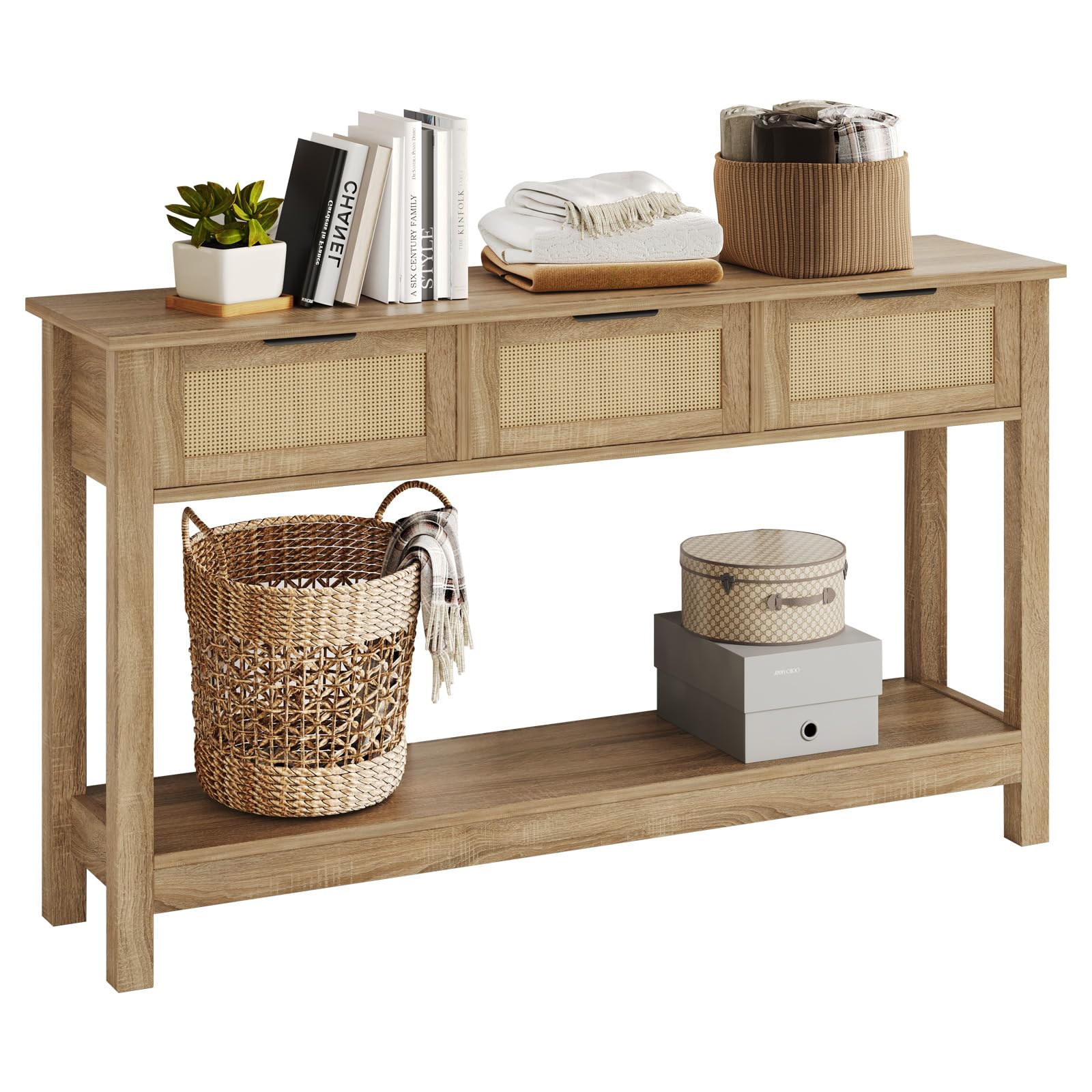 Mesa consola de ratán bohemio con 3 cajones de almacenamiento, estrecha y larga detrás del sofá, mesa para sala de estar, mesa auxiliar de entrada, pasillo, vestíbulo, natural, 47 pulgadas