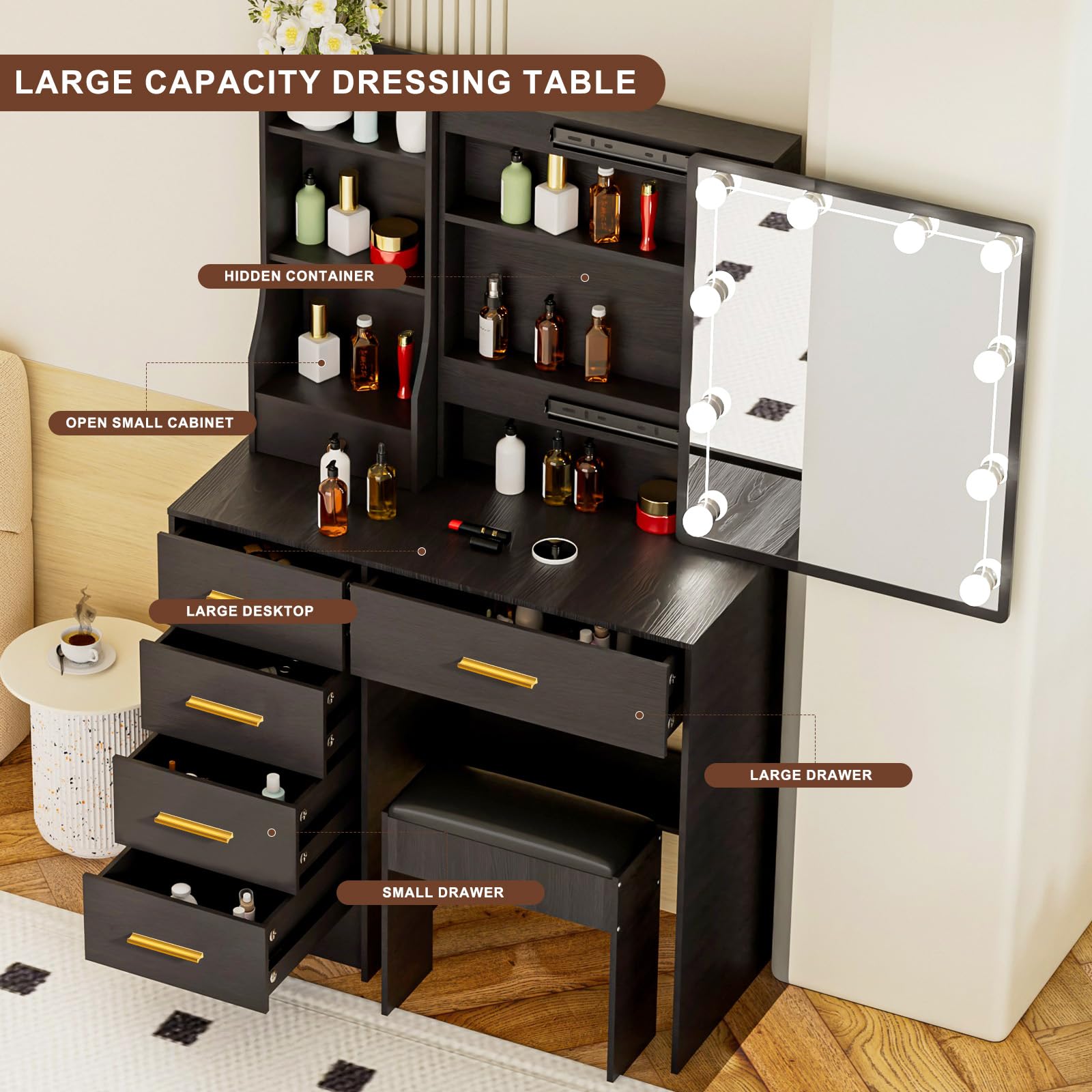 Dradaomull Coiffeuse avec éclairage, Miroir, Table de Dressing, 3 Couleurs avec luminosité réglable, Bureau de vanité pour Maquillage (blanc-39-1