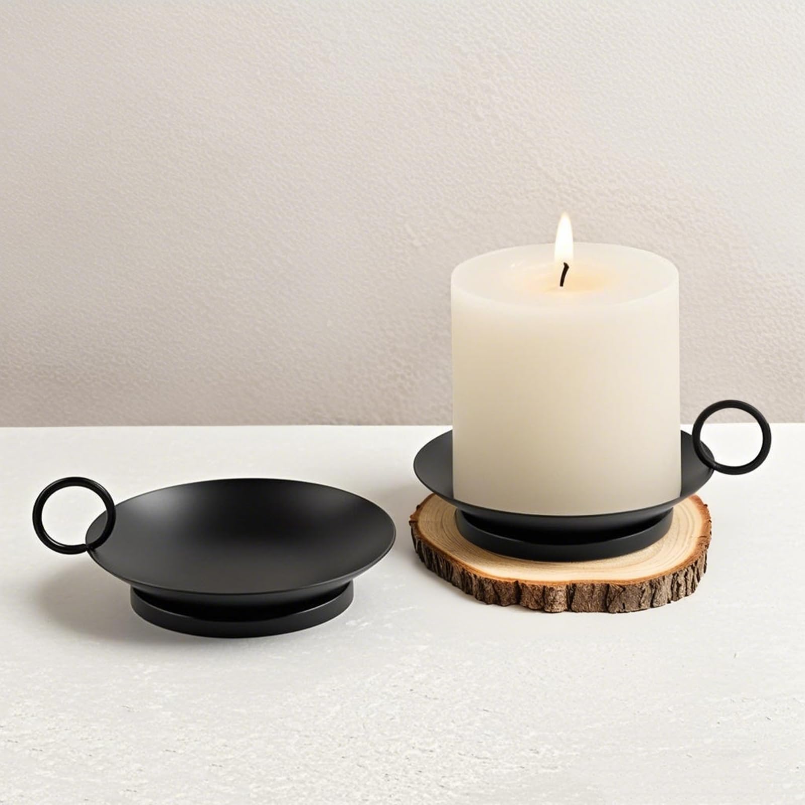 Black Pillar Candle Holders, Iron Metal Candle Dish Plate Holder Set of 2, Candle Tray with Handle Candle Stick Holder for Wedding, Party, Home Decor