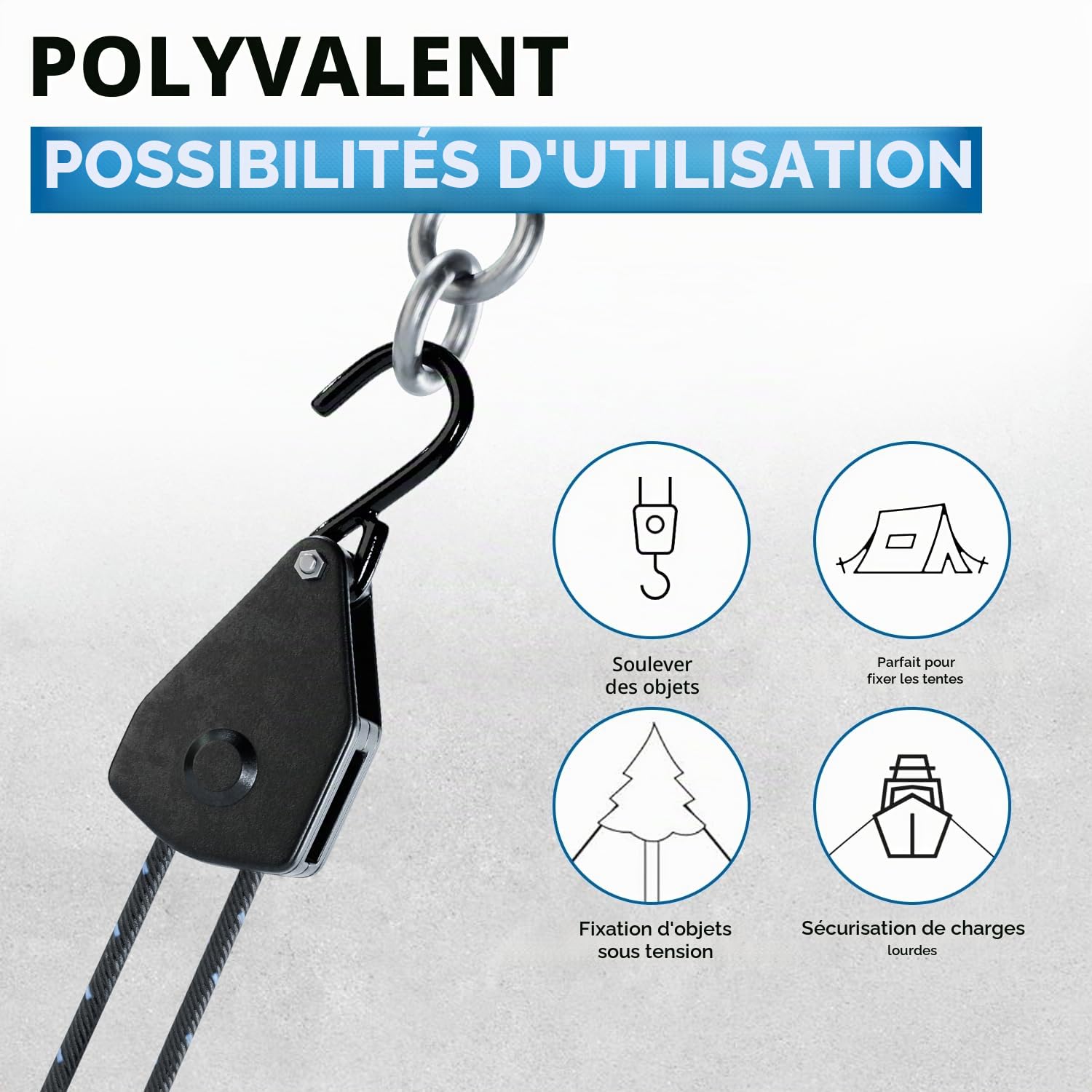 Lot de 2 poulies de 3/8" - Tendeur de câble robuste - Avec 2 cordes de 2,3 m - Charge maximale : 113 kg - Parfait pour l'extérieur, le camping, les bâches, les auvents et l'atelier