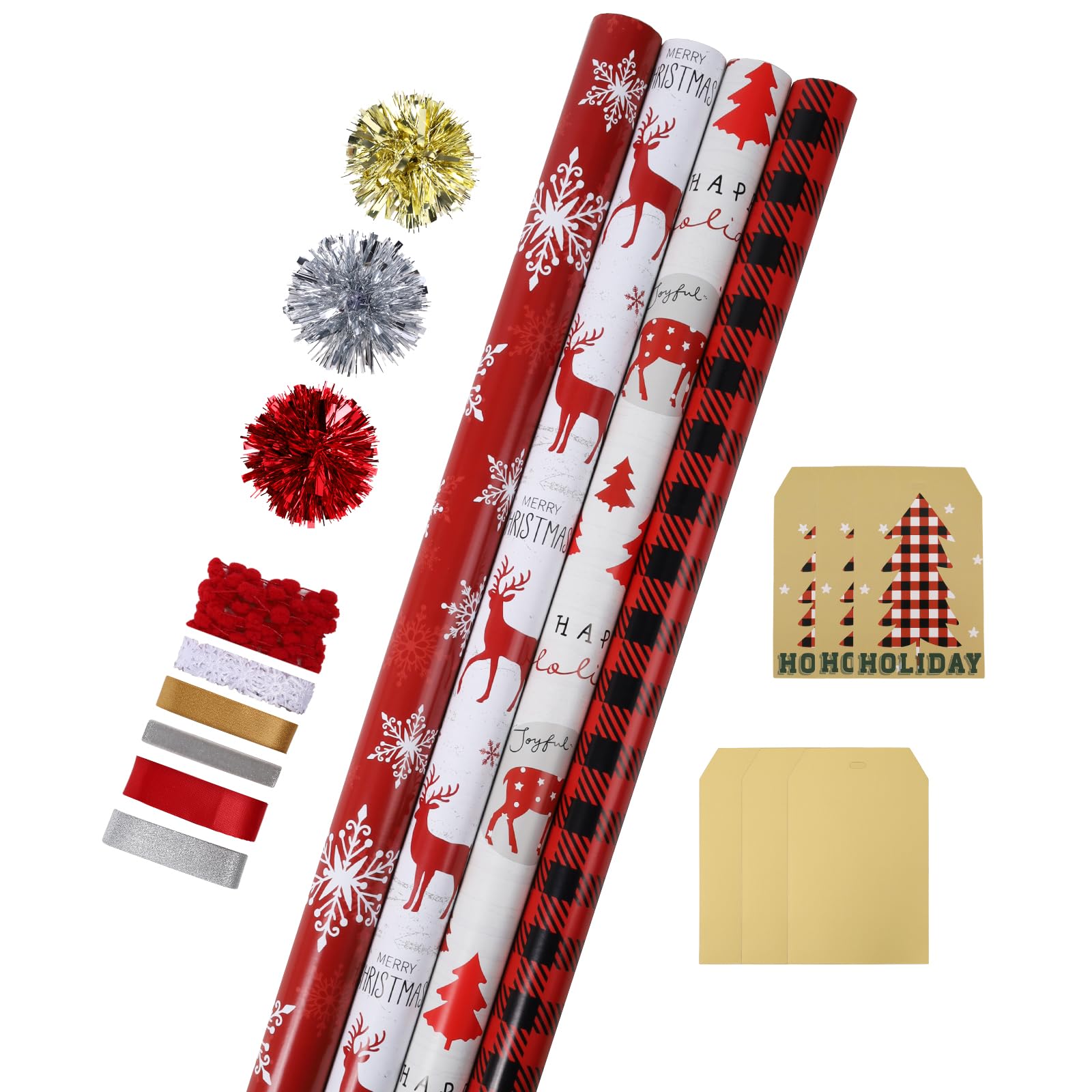 LaRibbons Christmas Wrapping Paper Sets, Classic Reindeer & Snowflake & Buffalo Plaid Design with Ribbons & Gift Tags & Metallic Pom Pom for Xmas, Holiday, 30Inch × 10Feet? 4 Rolls: 100 Sq.Ft.Ttl?