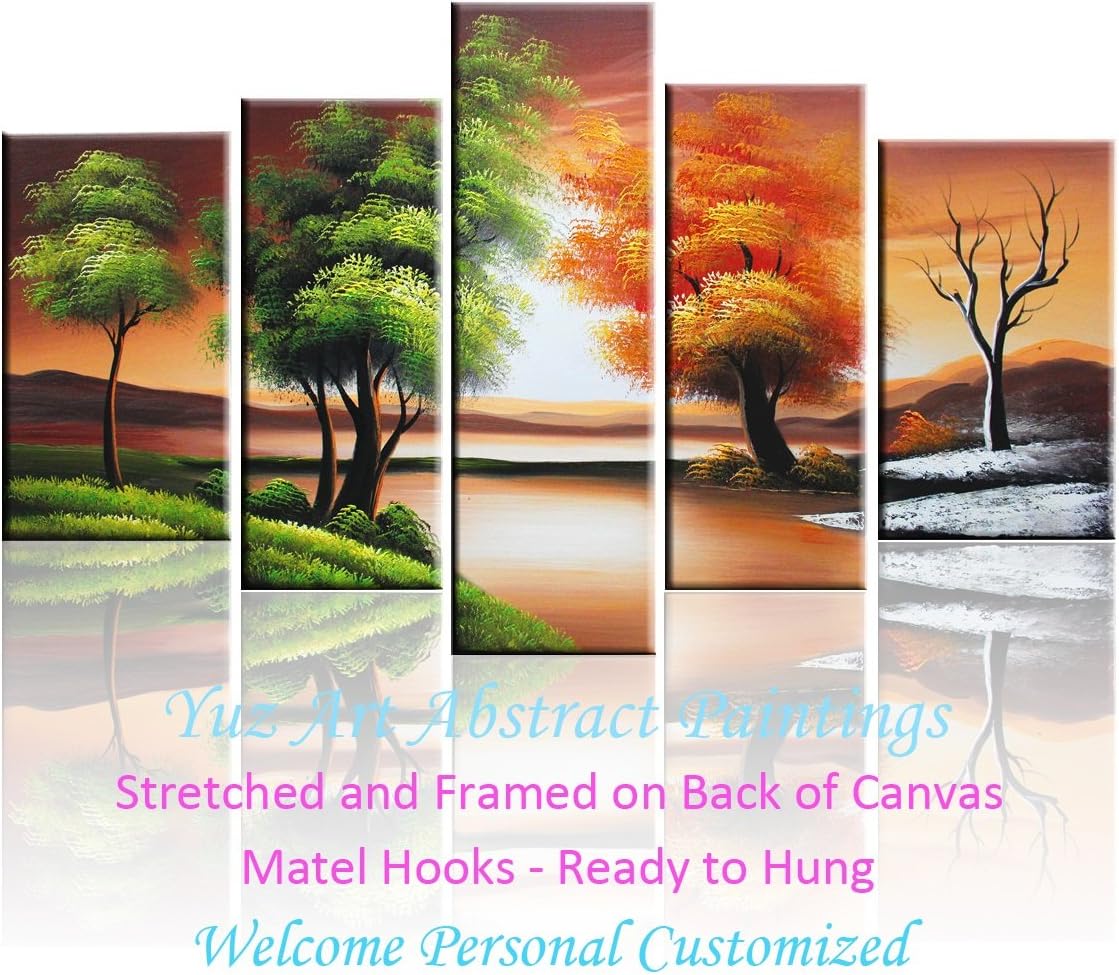 Yuz Art-100% Hand Painted Oil Painting on Canvas Four Seasons Tree Wood Framed on the Back Abstract Landscape Wall Art Painting for Livingroom Ready to Hang Modern Home Decoration 5 Pcs/set