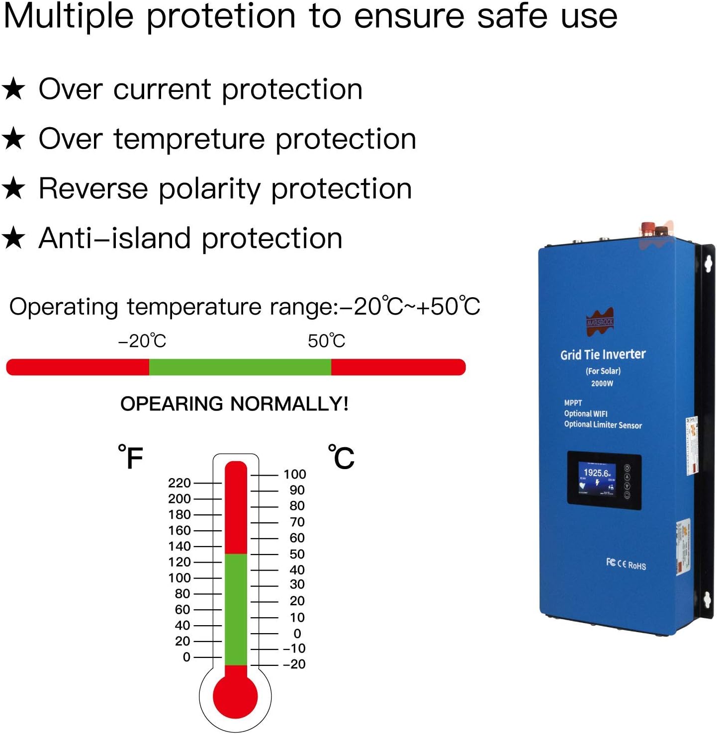 Marsrock Solar 2000W Grid Tie Inverter with Power Limiter LCD Dispay Converts Solar 45-90V DC Input to 240V AC Output Perfectly Suitable for US Standard 2 Phase Grid