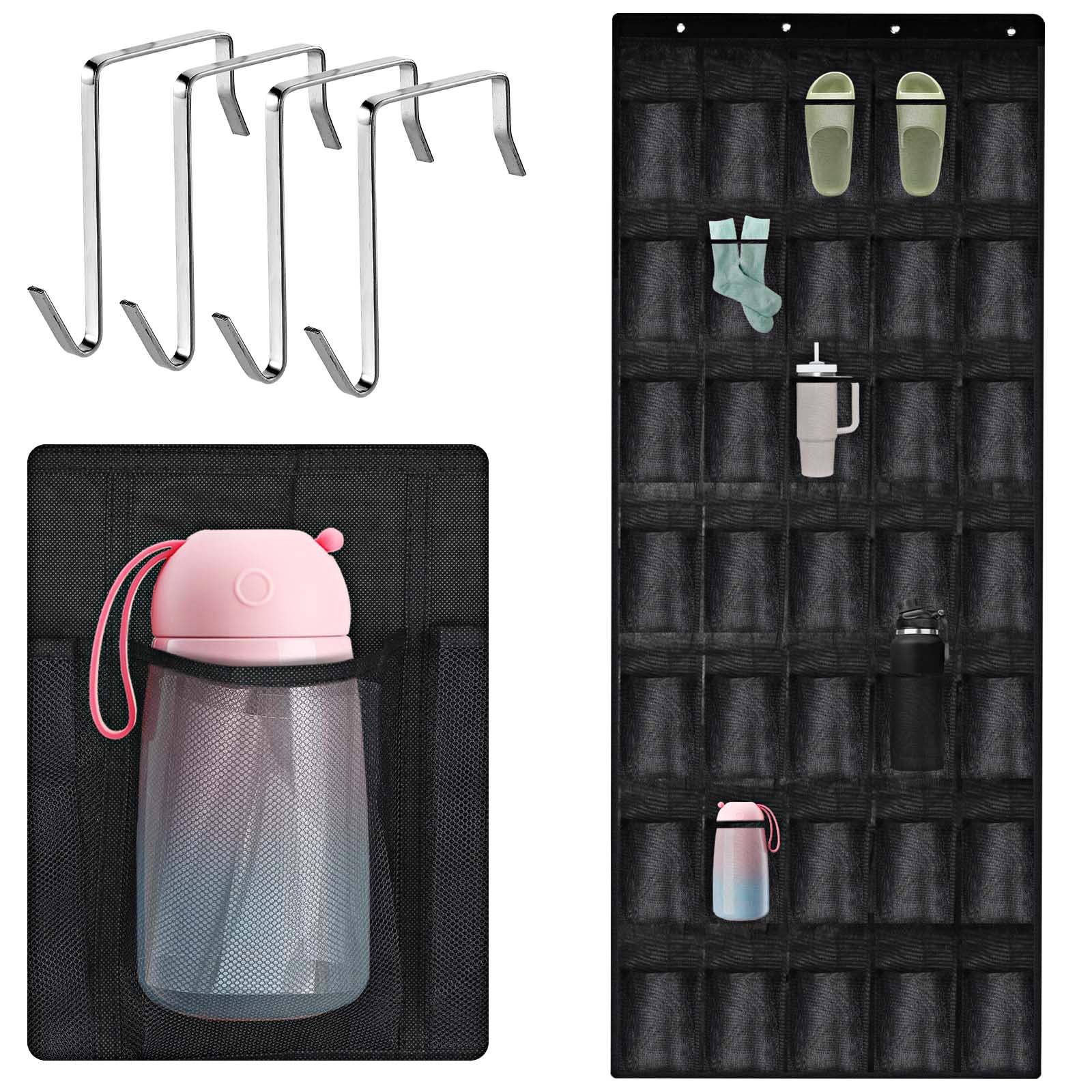 Multi-Functional 35 Pockets Door Hanging Organizer for Stanley Tumbler in Kitchen, Pantry, Bedroom, Bathroom, Large Capacity Elastic Mesh Secure