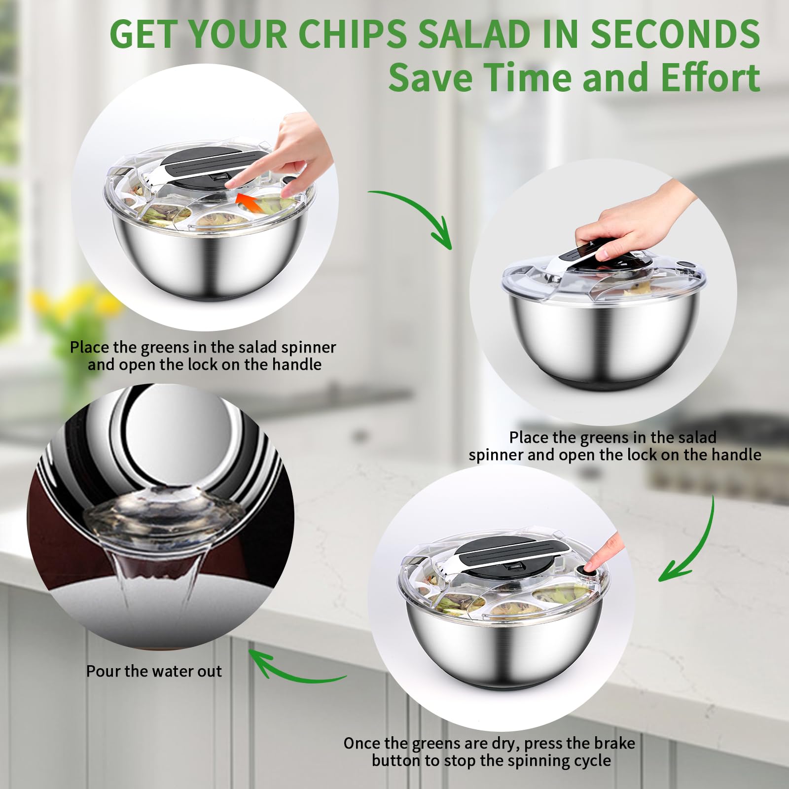 ZWOOS 4,5 L Essoreuse à Salade Acier Inoxydable Grande Sécheuse à Légumes à Pression Facile à Une Main avec Couvercle ase Antidérapante Bouton Stop Salad Spinner pour Laitue Légumes Herbes Baies