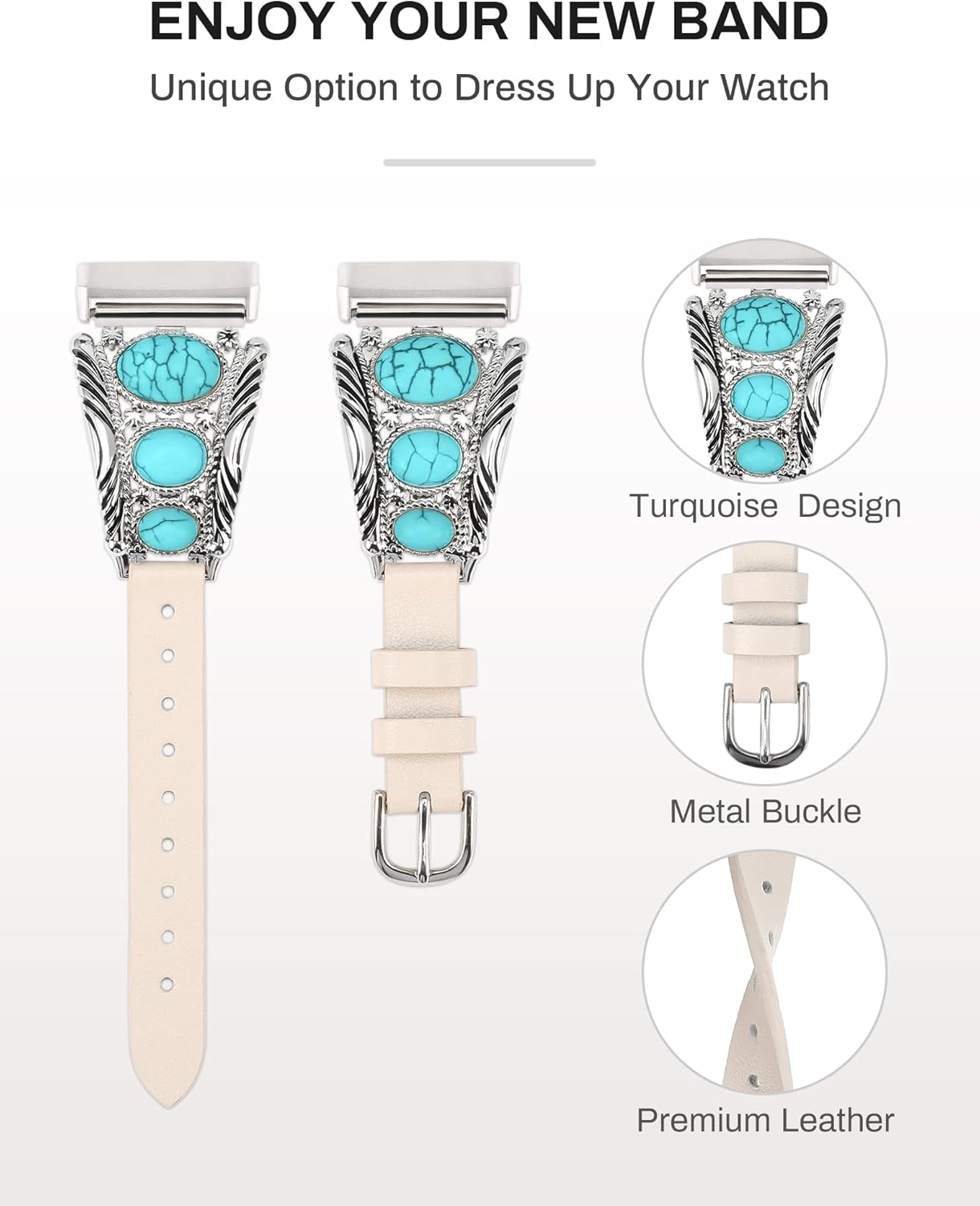 Minyee Leather Band Compatible with Fitbit Versa 4/Versa 3/Sense 2/Sense Band Women, Western Turquoise Boho Vintage Cowboy Retro Jewelry Adjustable Slim Replacement Wristband Strap for Versa 4/ Sense