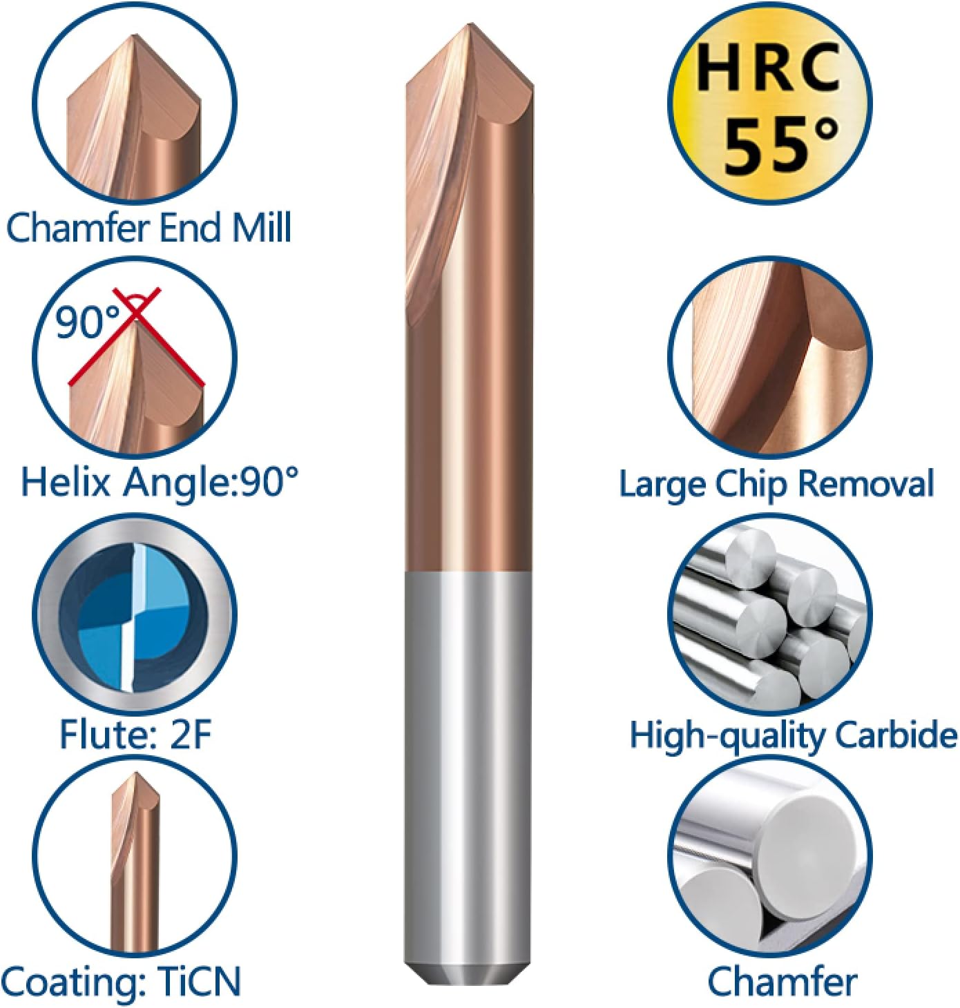 Drill Bit Carbide End Mill Two Flute Chamfering Cutter 90 Degrees Chamfer End Mill TiCN Coated Milling Cutter,5xD5x50Lx90degree