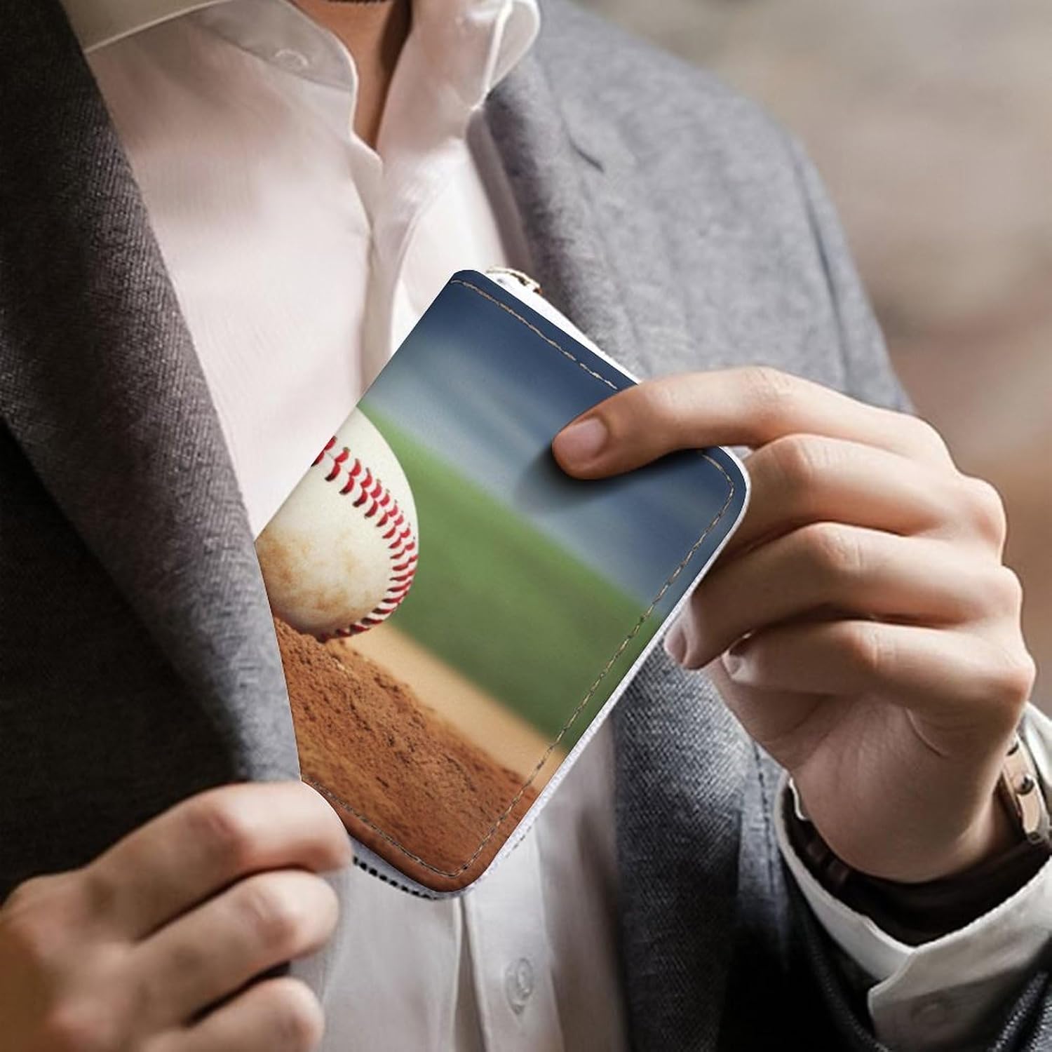 Leather Card Organizer Case Card Wallet Credit Card Holder Baseball Printed Zipper Card Cases Holder for Women Men