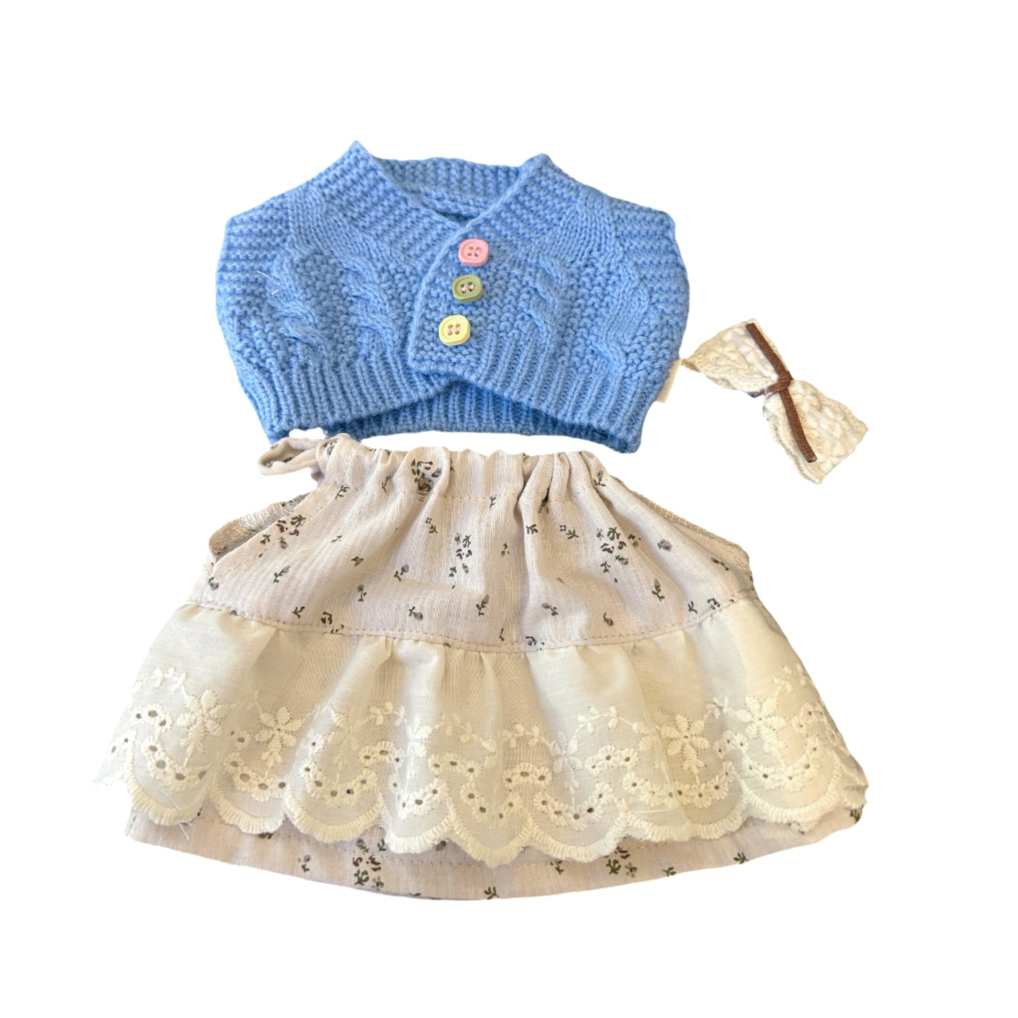 Kleidungsset nur für Plüschtiere (30cm Kleidung teddybär) Blaue Strickjacke Blumenkleid Spitzenclip,Passend für 28cm Hoppie Hase mit Schlappohren Honey Teddybär(Teddybär Nicht enthalten)