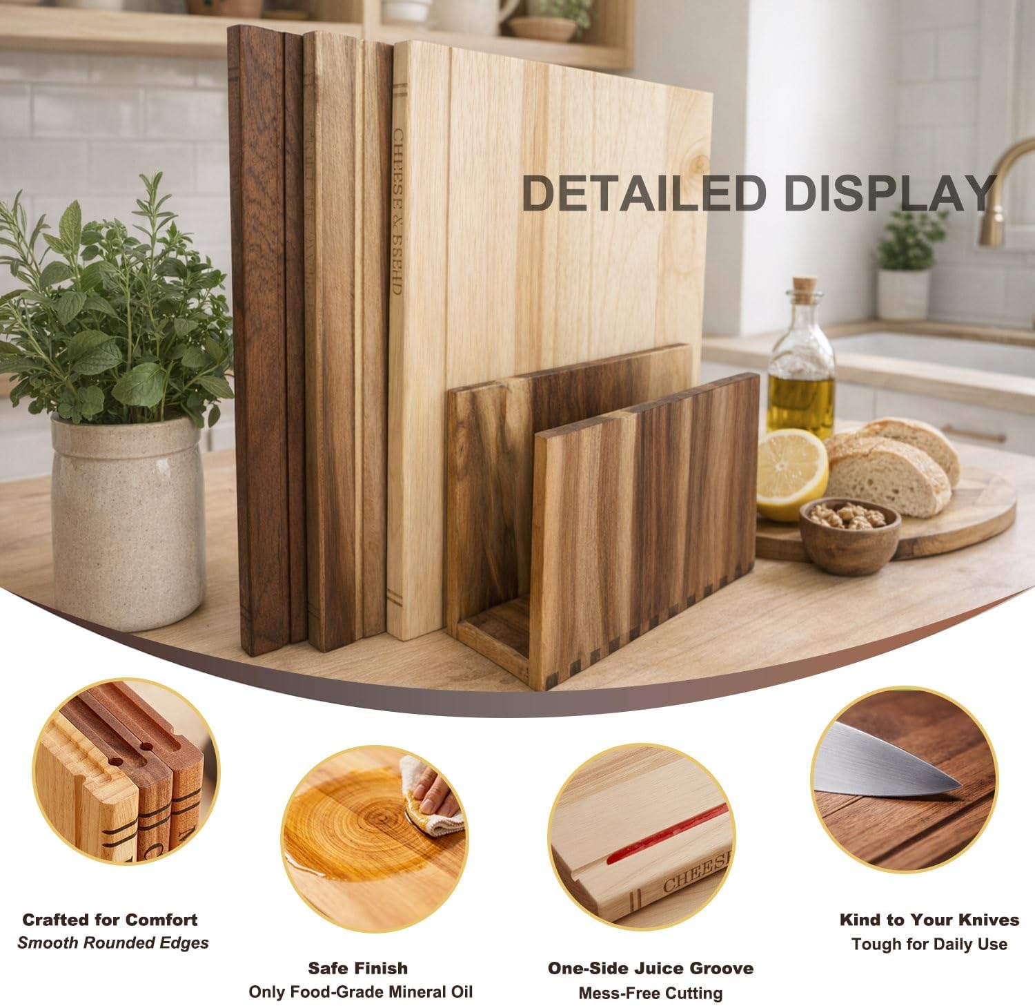 Wood Book Cutting Board Set of 3 with Stand 13x10in, BPA-Free Wooden Chopping Board with Single Juice Groove for Meat Fruits Cheese, Charcuterie Boards, Easy to Clean, Gift Set for Kitchen