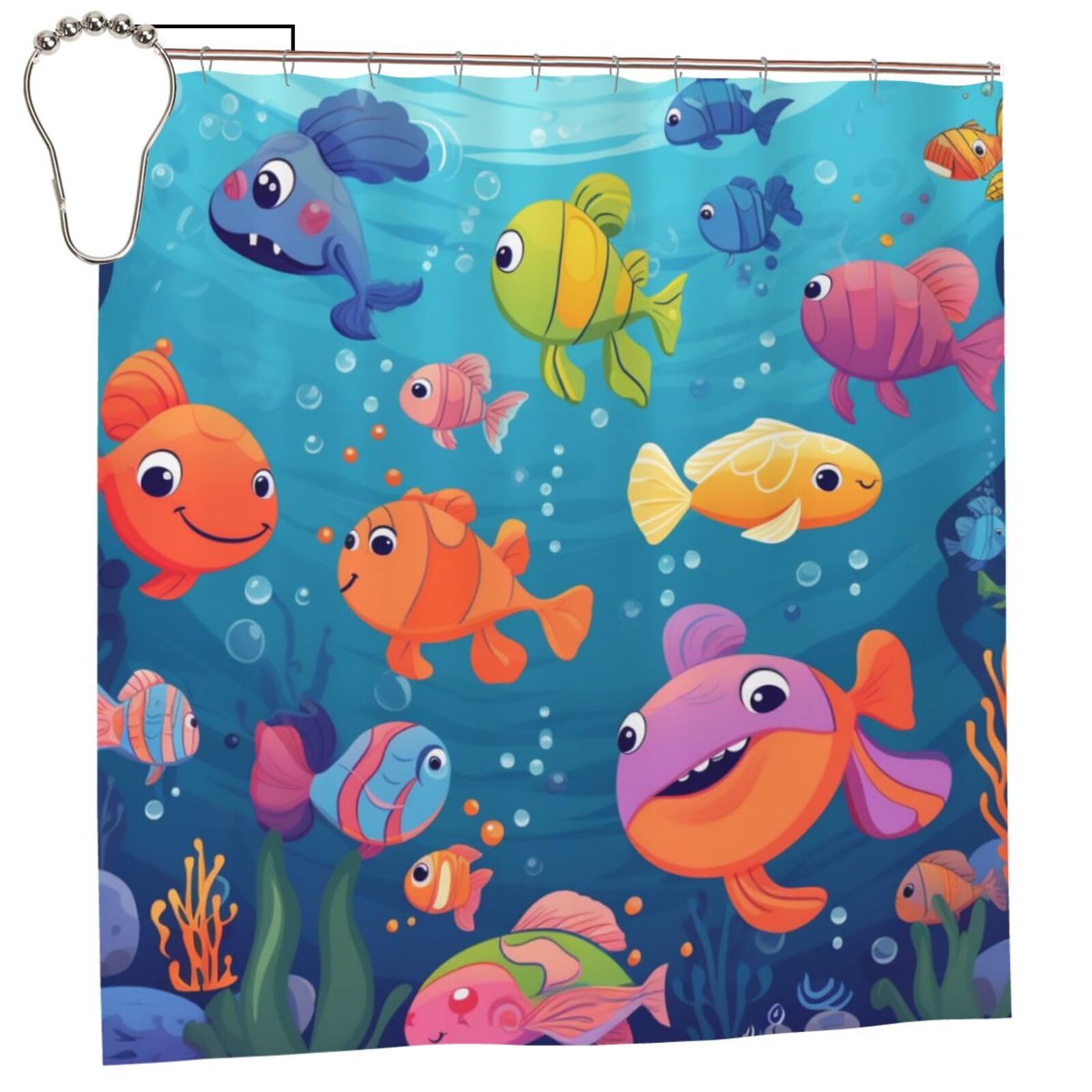 BWWHCCTI Cartoon Sea Fish Printed Shower Curtain With 12 Iron Hooks Opaque Quick Drying Waterproof Shower Curtains Sets For Bathroom 183x183 CM
