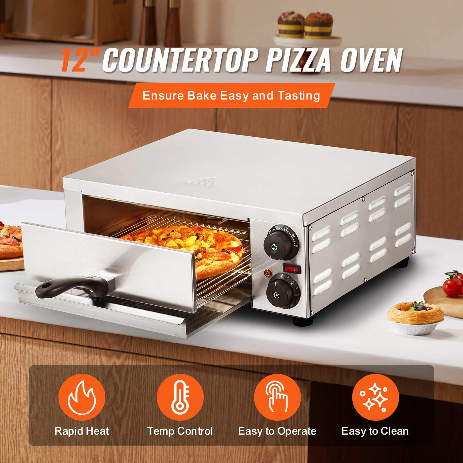 Happybuy Electric Pizza Oven for Countertops, 12-inch 1500W, Temp Control, Timer, Even Baking, Easy Clean, for Commercial & Home