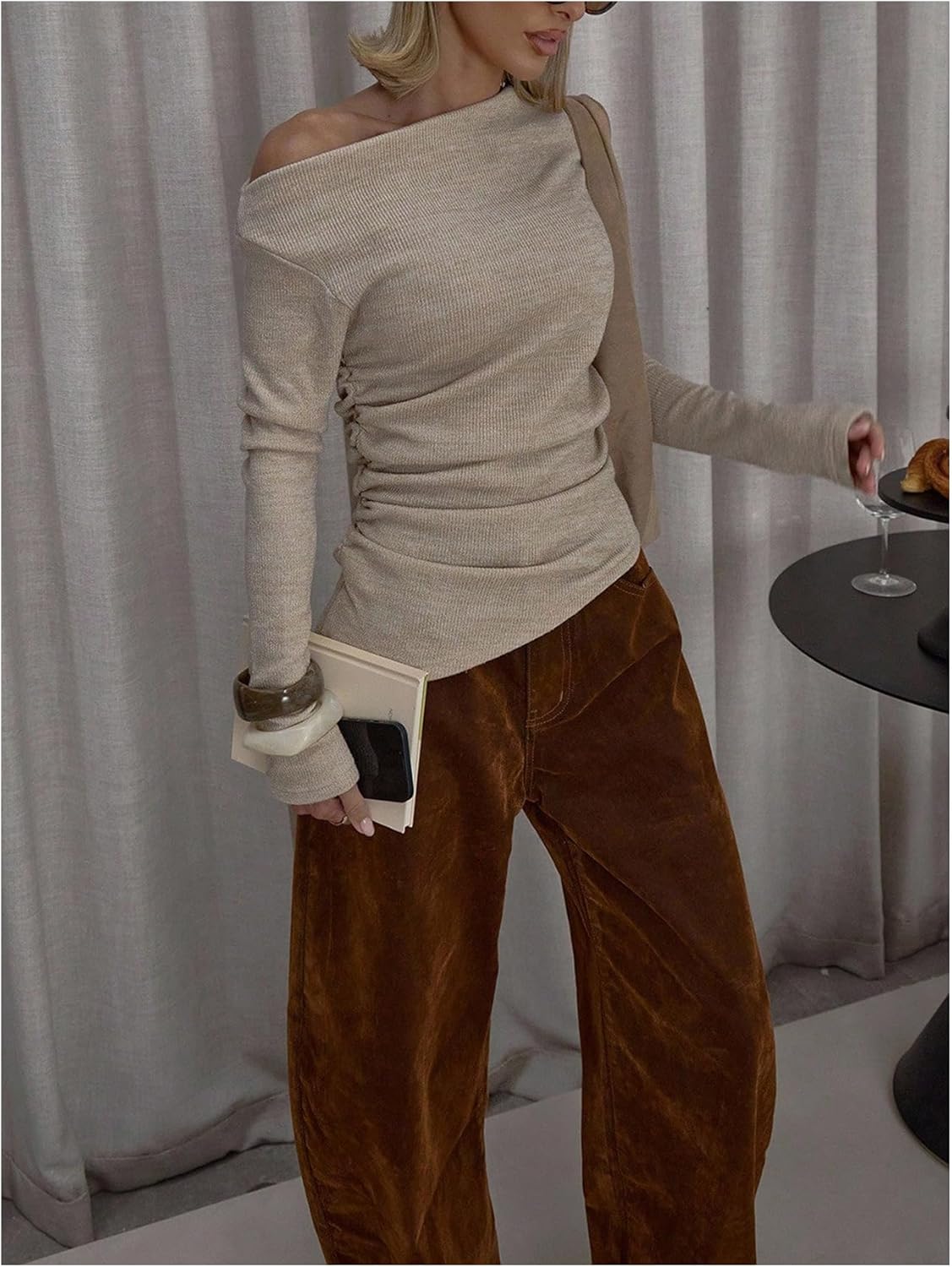 SOLY HUX Women's Long Sleeve Off The Shoulder Tops Ruched Asymmetrical T Shirts Slim Fit Tees - Image 4