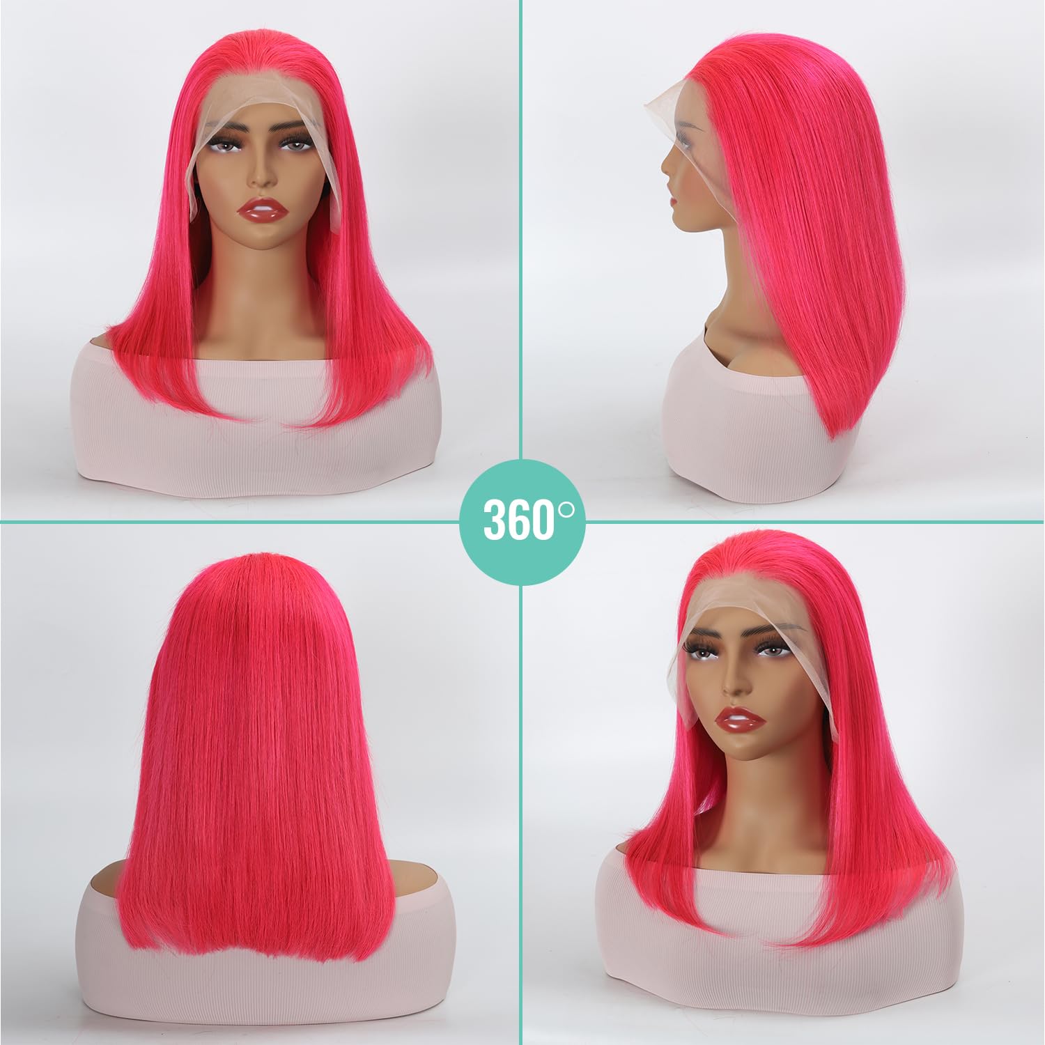 Pink 13x4 HD Lace Front Bob Wigs 12Inch Brazilian Virgin Human Hair Hot Pink with Boby Hair Wig Pre Plucked Natural Hairline Transparent Lace Pink Front Bob for Women (12Inch)