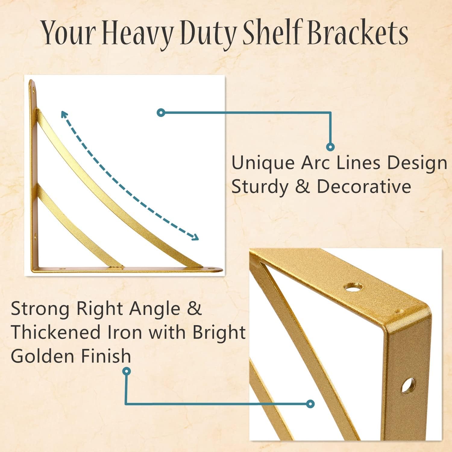 Z METNAL Small Gold Shelf Brackets, 6 inch Decorative Metal Shelves Support, Wall Decor, Support Shelves Width from 6 to 8 inch, 2 Pcs