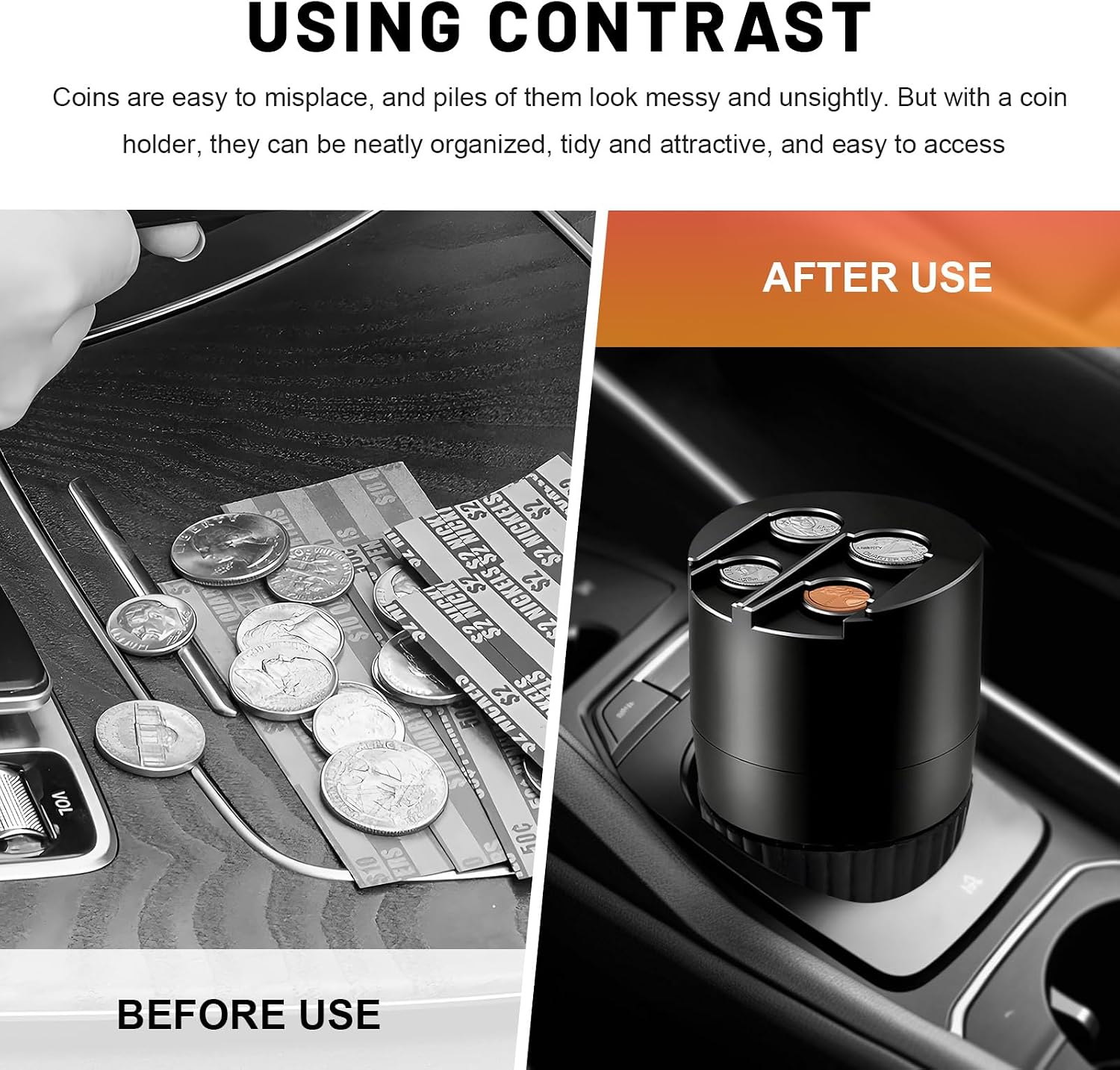 Coin Holder for Car, Large Capacity Change Sorter Dispenser for Auto Cup Holder, Coin Storage Organizer Sorts Pennies Nickels Dimes & Quarters for Most Vehicles, Car Accessories