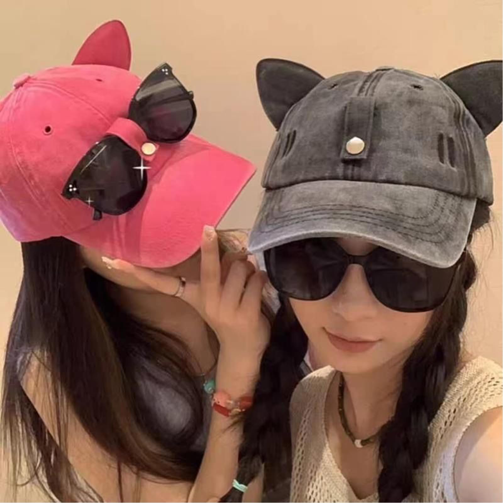 Cappello da Camionista Y2K con Orecchie di Gatto con Occhiali da Sole Staccabili, Berretto da Baseball Regolabile Vintage Lavato Stile Pilota