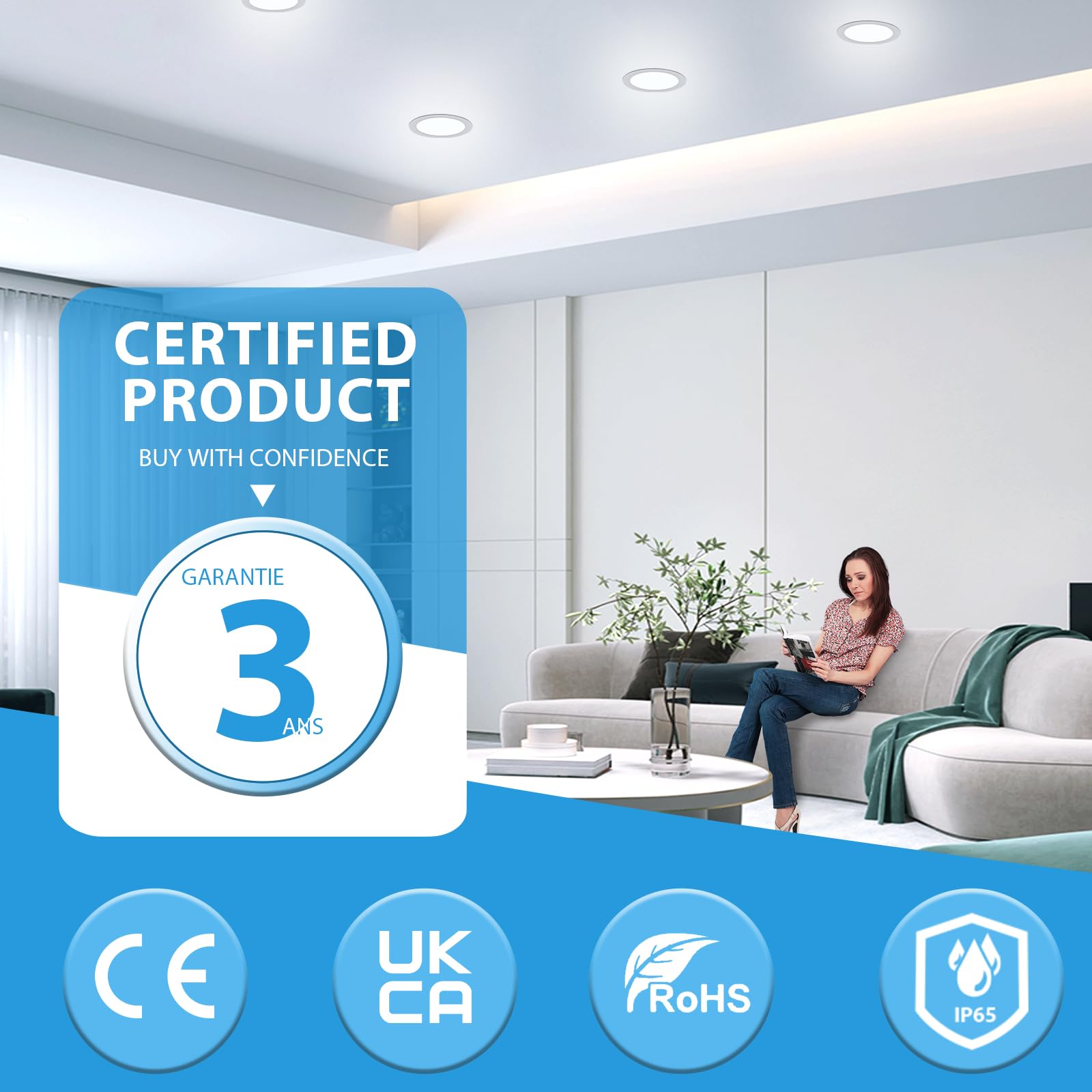 7W Spots LED Encastrables 220V, Spot Salle de Bain IP65, Ultramince 25 mm, 630LM, Blanc Froid 6000K, Trous Ø95-110mm, Spot LED Plafond Rond pour Cuisine, Salon, Chambre, Lot de 6