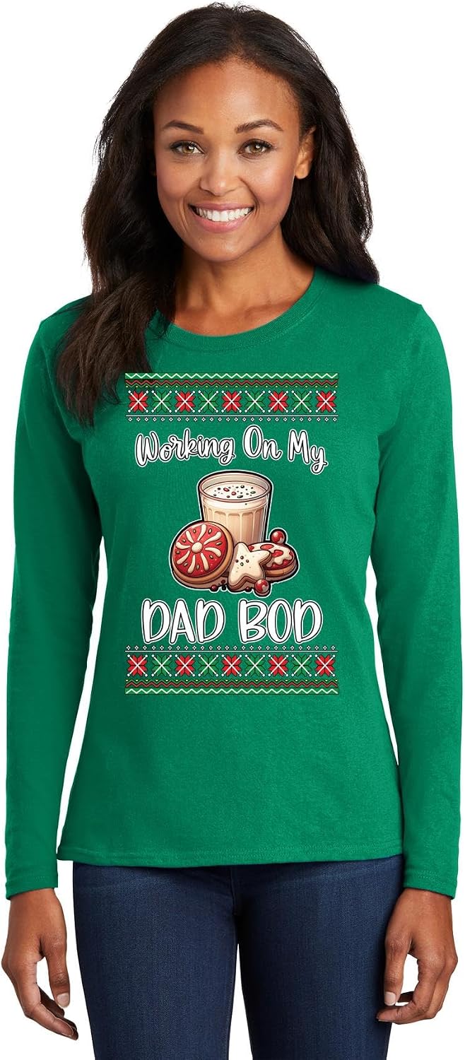 Working On My Dad BOD Couple Christmas Pregnancy Announcement Baby Reveal Funny Ugly Womens Long Sleeves