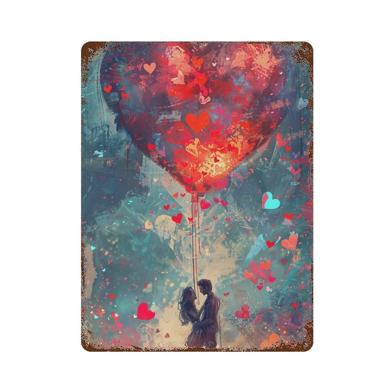 Romantic Love Heart Balloon Vintage Wall Sign 15.7"x11.8", Rust Effect Metal Decor for Bistro, Counter And Cafe Decor