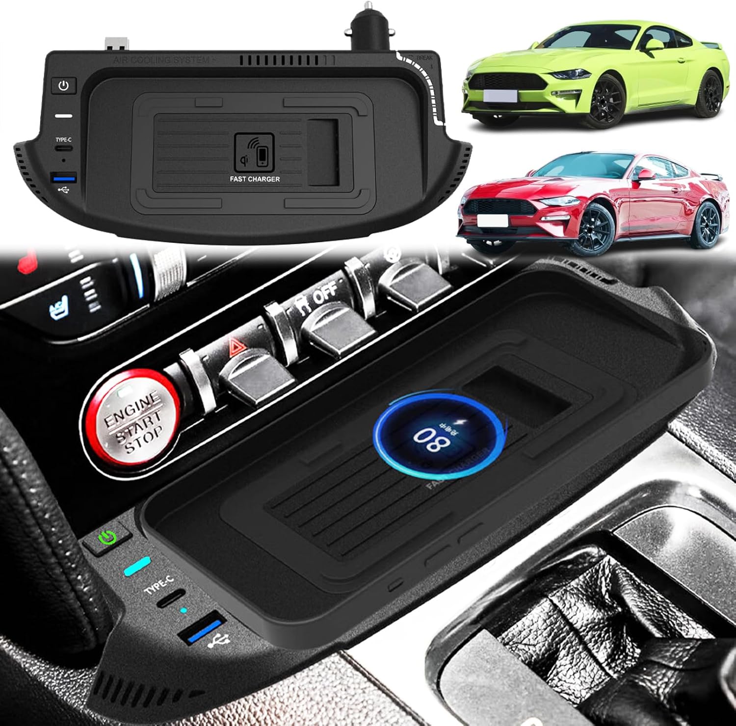 Wireless Car Charger for Ford Mustang 2015 2016 2017 2018 2019 2020 2021 2022 2023 with 27W USB & Type-C Center Console Accessory Panel, Fast Charger for i-Phone Sam-Sung