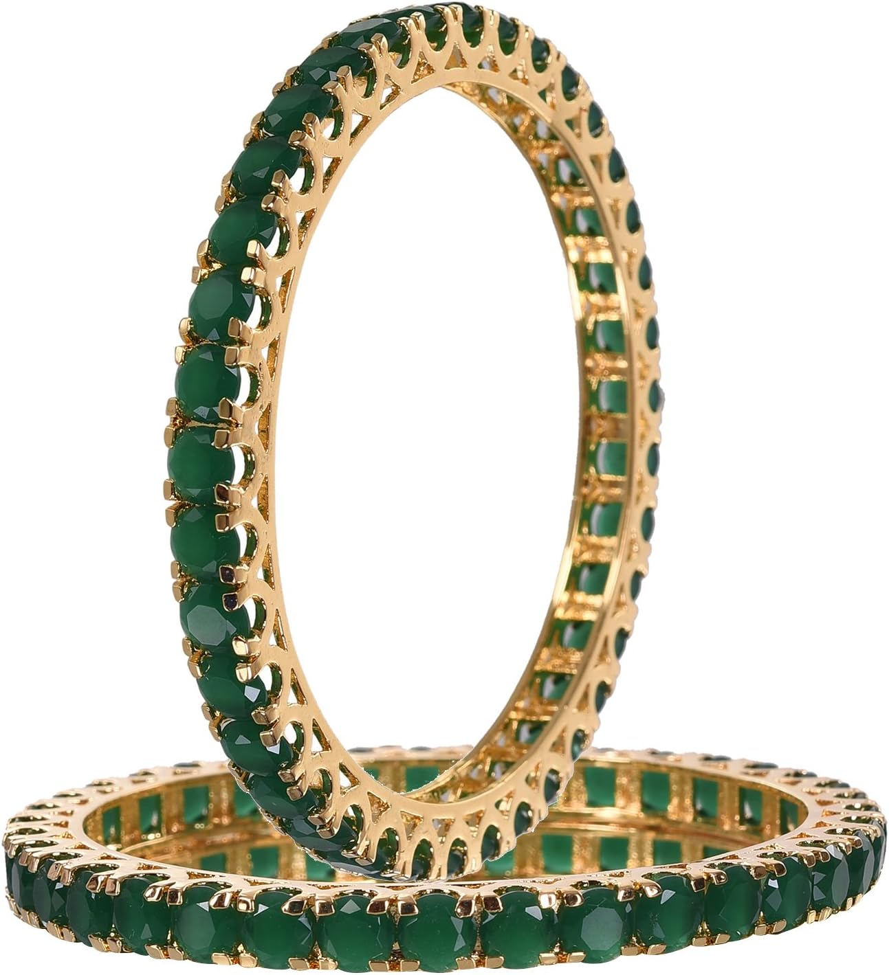 Ratnavali jewels American Diamond Studded Gold Plated Traditional Green Emerald Round 6mm CZ/Diamond Bangles for Women/Girls RV1954
