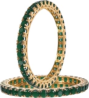 Ratnavali jewels American Diamond Studded Gold Plated Traditional Green Emerald Round 6mm CZ/Diamond Bangles for Women/Gir...