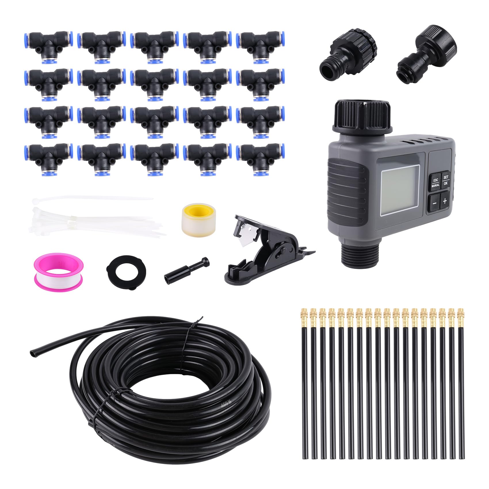 Aundhegrtt As Shown Bendable Tubing, 60Ft Drip Irrigation System With Water Timer, Solid Brass Connectors, 360° Adjustable Nozzles