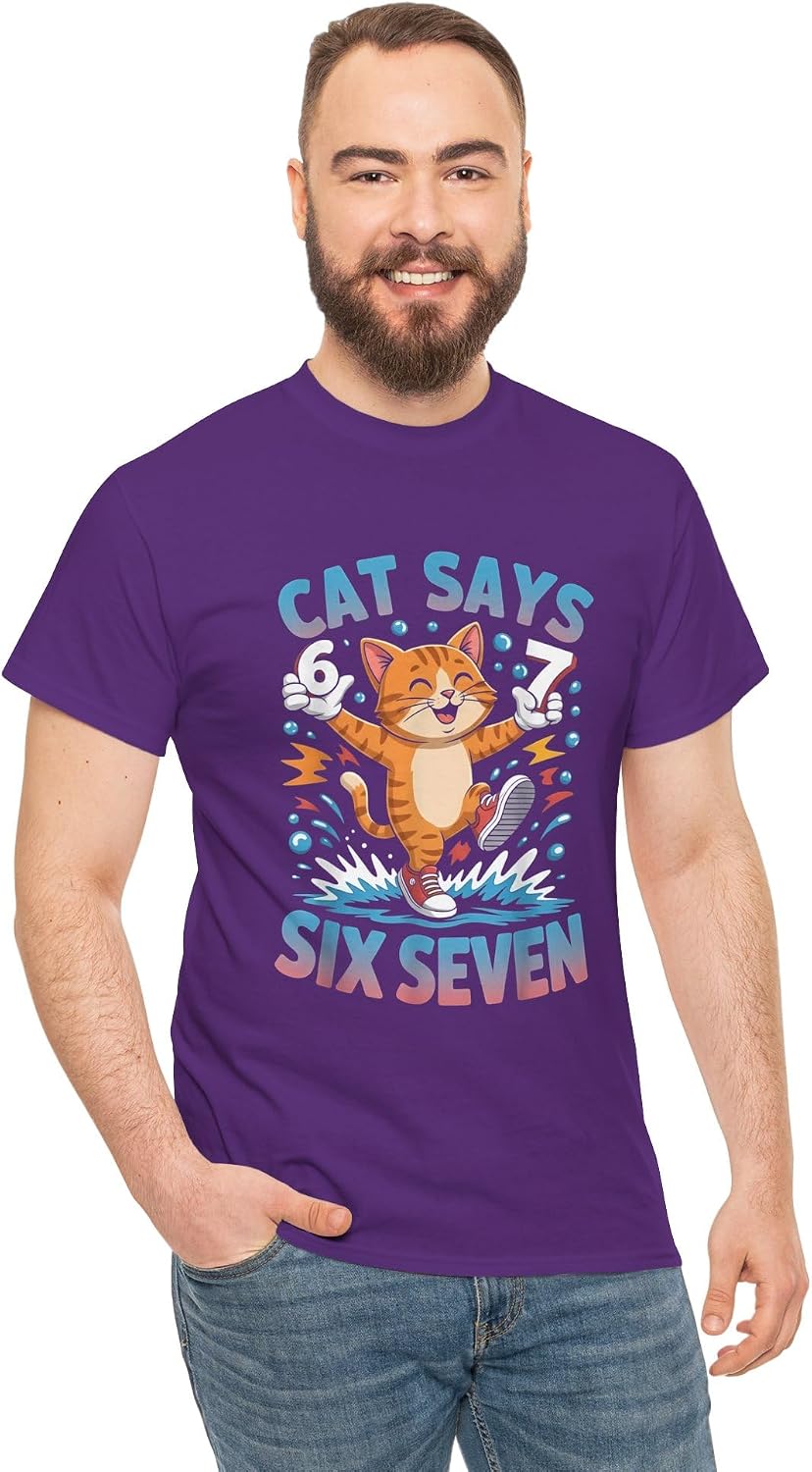 Funny Cat Says Six Seven 6 7 Meme Graphic | Gen Z Viral Trend Humor | Funny Student Teacher Gen Alpha Apparel Purple image 4
