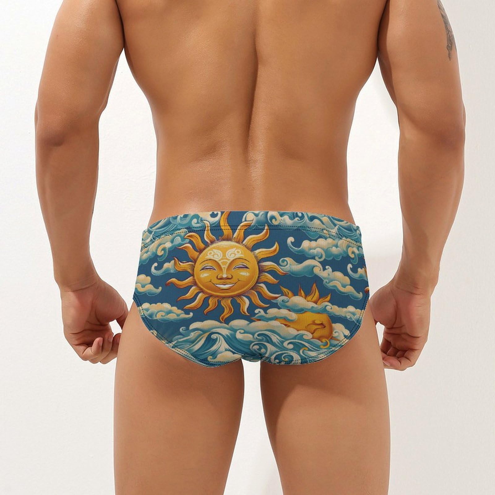 Ocean Sunrise Faces Mens Swim Briefs Bikini Swimwear Print Beach Shorts Sexy Swimsuit 3XL