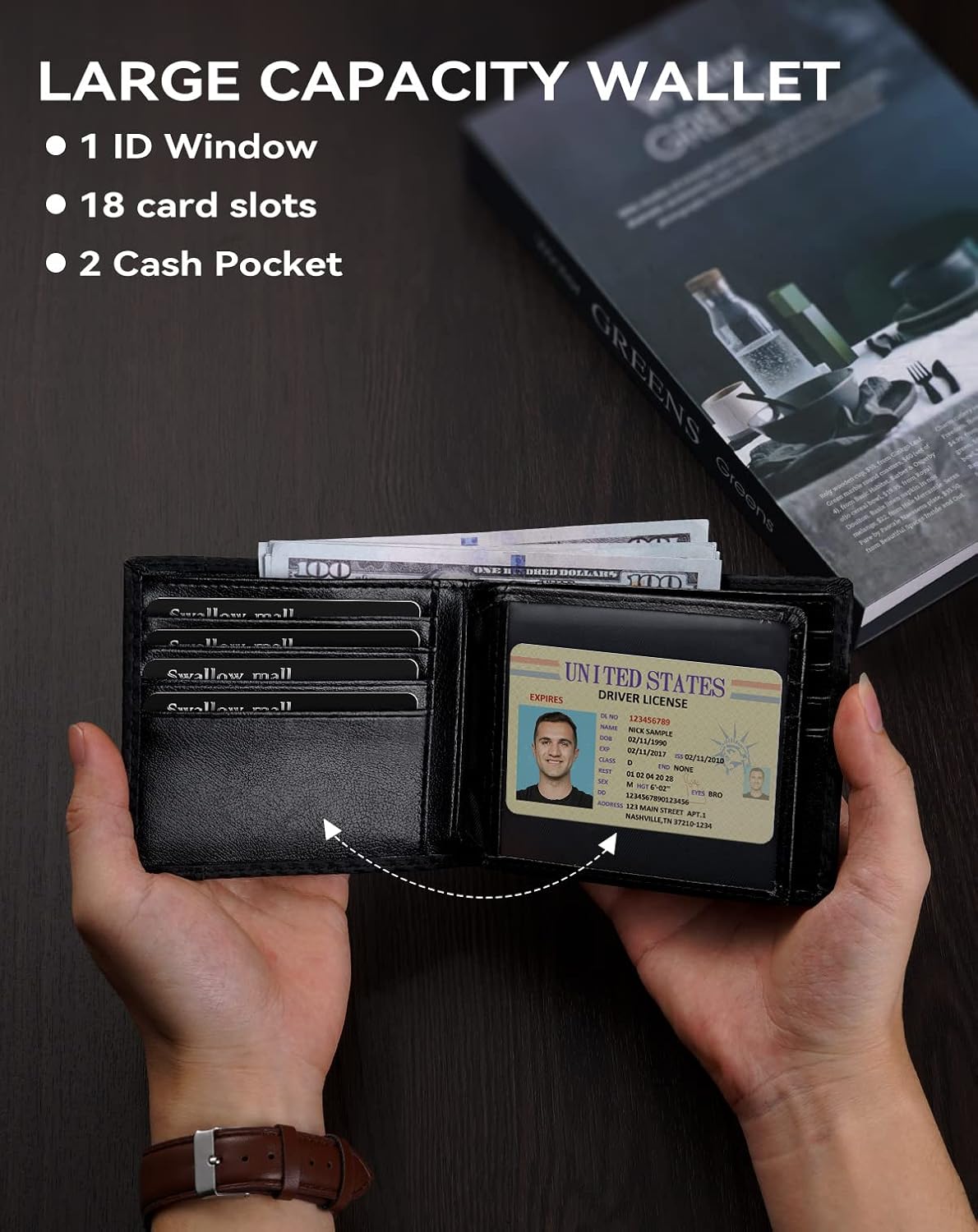  Mens Wallet Rfid Blocking Leather Wallet for Men Bifold Wallets with 1 ID Window 16 Card Slot thumbnail