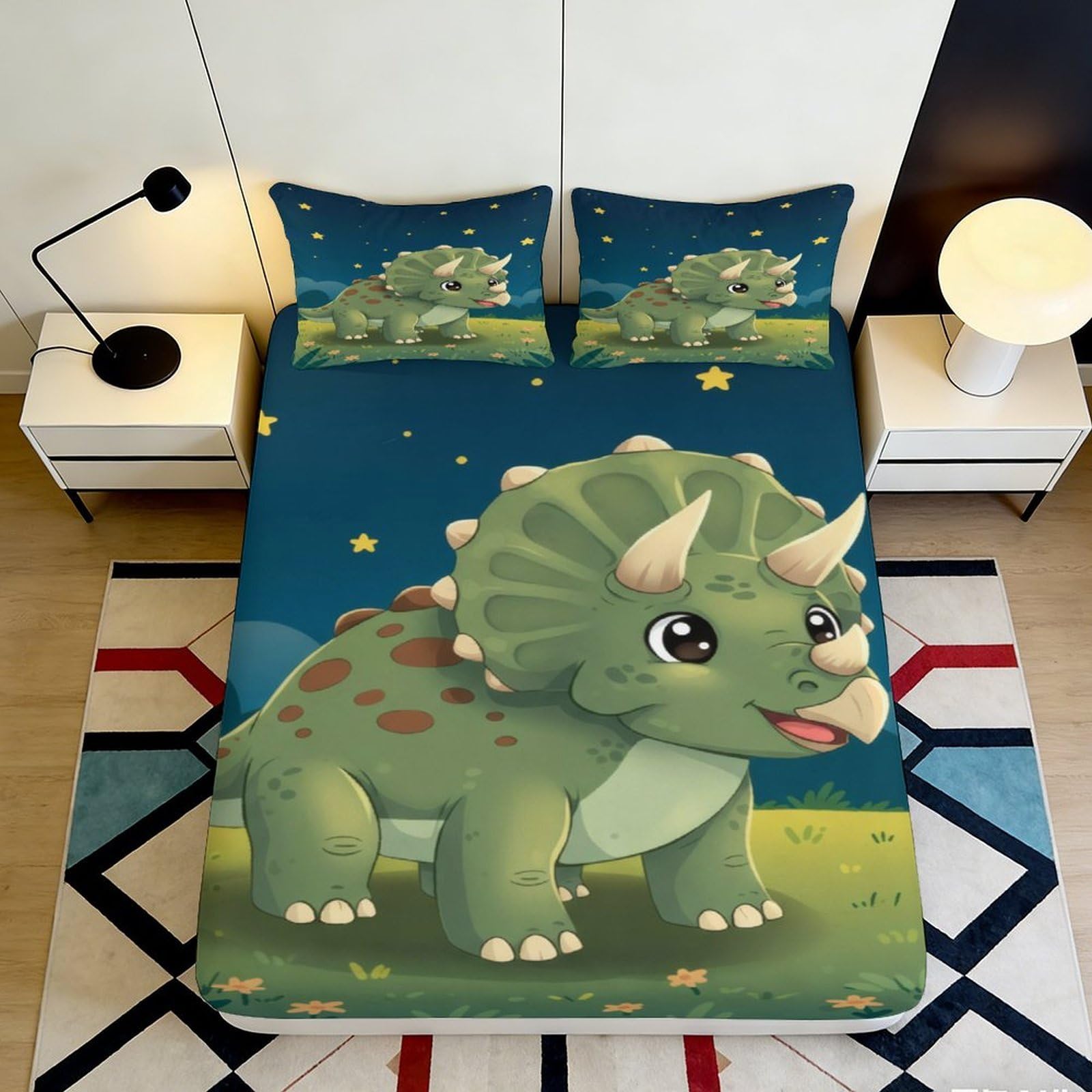 3D Printed Green Dinosaur Fitted Sheet Microfiber Soft Anti-Slip Cartoon Triceratops Bed Cover for Bedroom Guest Room Kids Youth 90x200x25cm