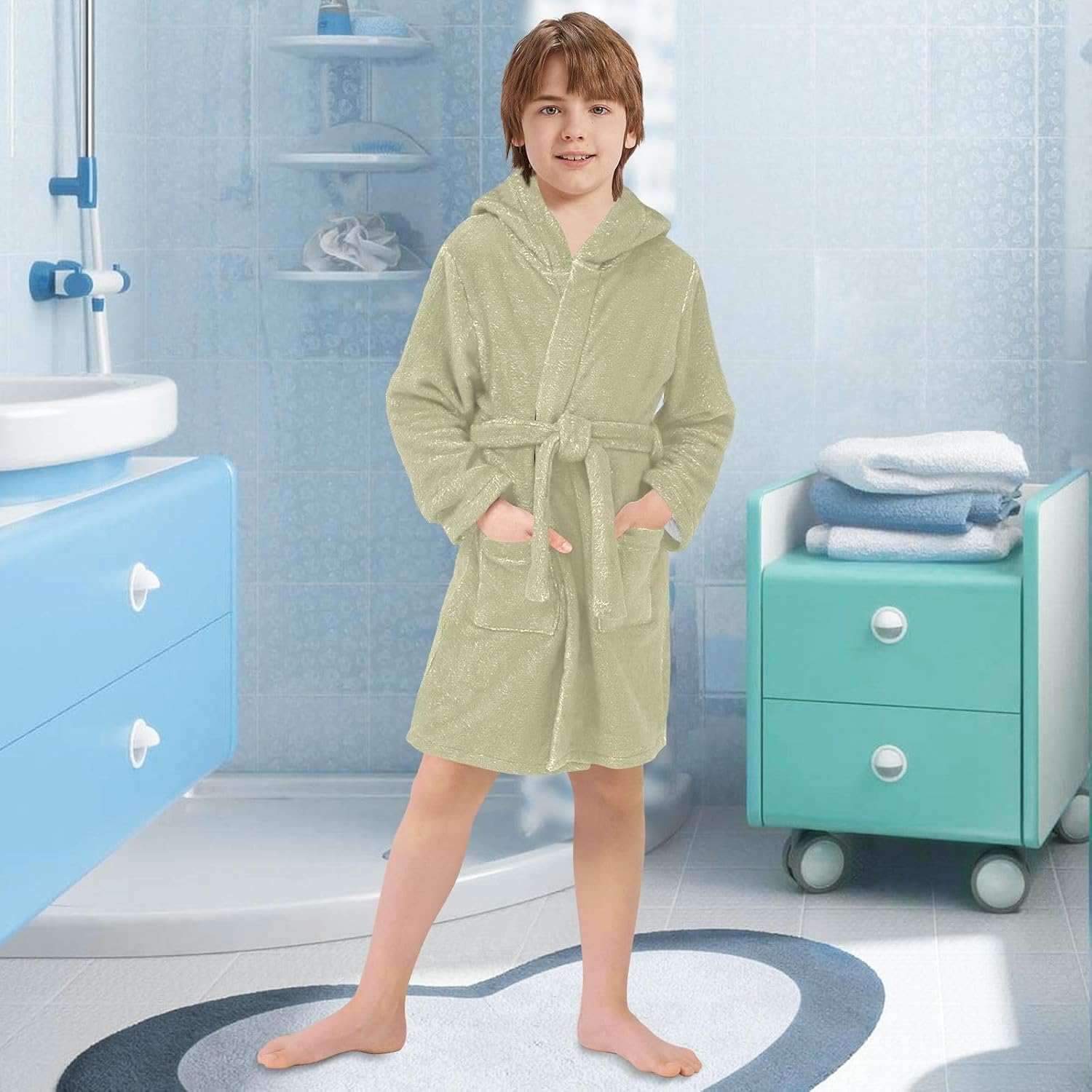 ODAWA Sage Kids Bathrobe, Soft Plush Hooded Towel Robe for Boys Girls, Quick Dry Bath Swimming Beach Robes