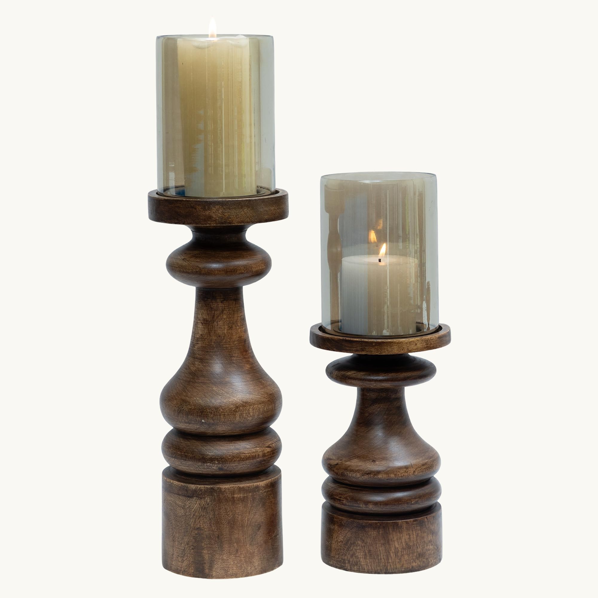 Wooden Candle Holder Stand - Set of 2 Mango Wood Candle Stands for Home Decor with Glass, Dining Table Centerpiece, Round Pillar Candle Holder, Decorative Candle Stands for Home Decor