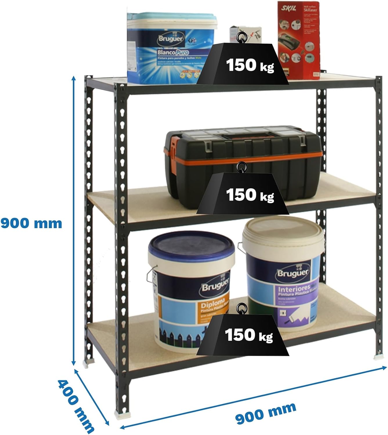 Simon Rack Metal Shelf, 900x900x400 mm, 3 Heights, Wood Tray, 150 kg Flex Point, Storage Shelf, Anthracite/Wood - Maderclick