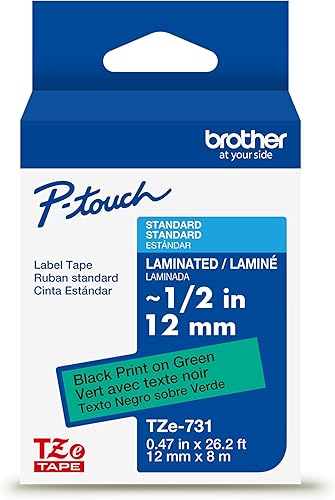 Brother Cinta de etiquetas verde con impresión negra P-Touch TZe (TZe731), laminada, 1/2 pulgadas x 26.2 pies (0.472 in x 26.2 ft), para