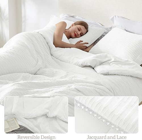 Miniatura 3 de Homelike Moment Juego de edredón bohemio tamaño individual, blanco, 2 piezas, ligero, cálido, jacquard, juego de edredón para todas las estaciones,