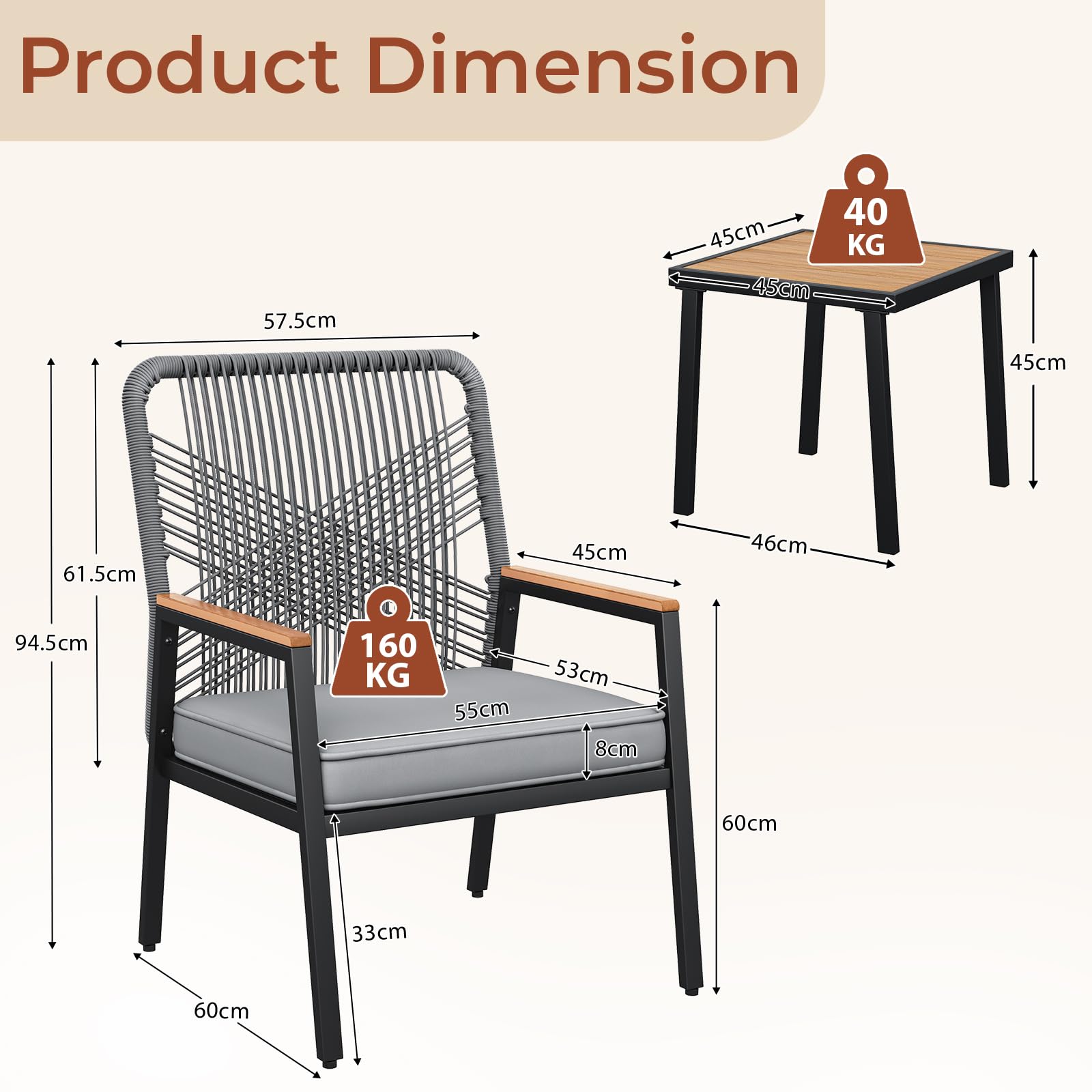 LIFERUN Gartenmöbel-Set, 3-teilig Gartenstuhl Rattan, für Terrasse, Garten | 2 Terrassenstühle mit Tisch, Bis 160 kg, witterungsbeständig, WPC Armrest, Outdoor Balkonmöbel Metall und Rattan, Grau