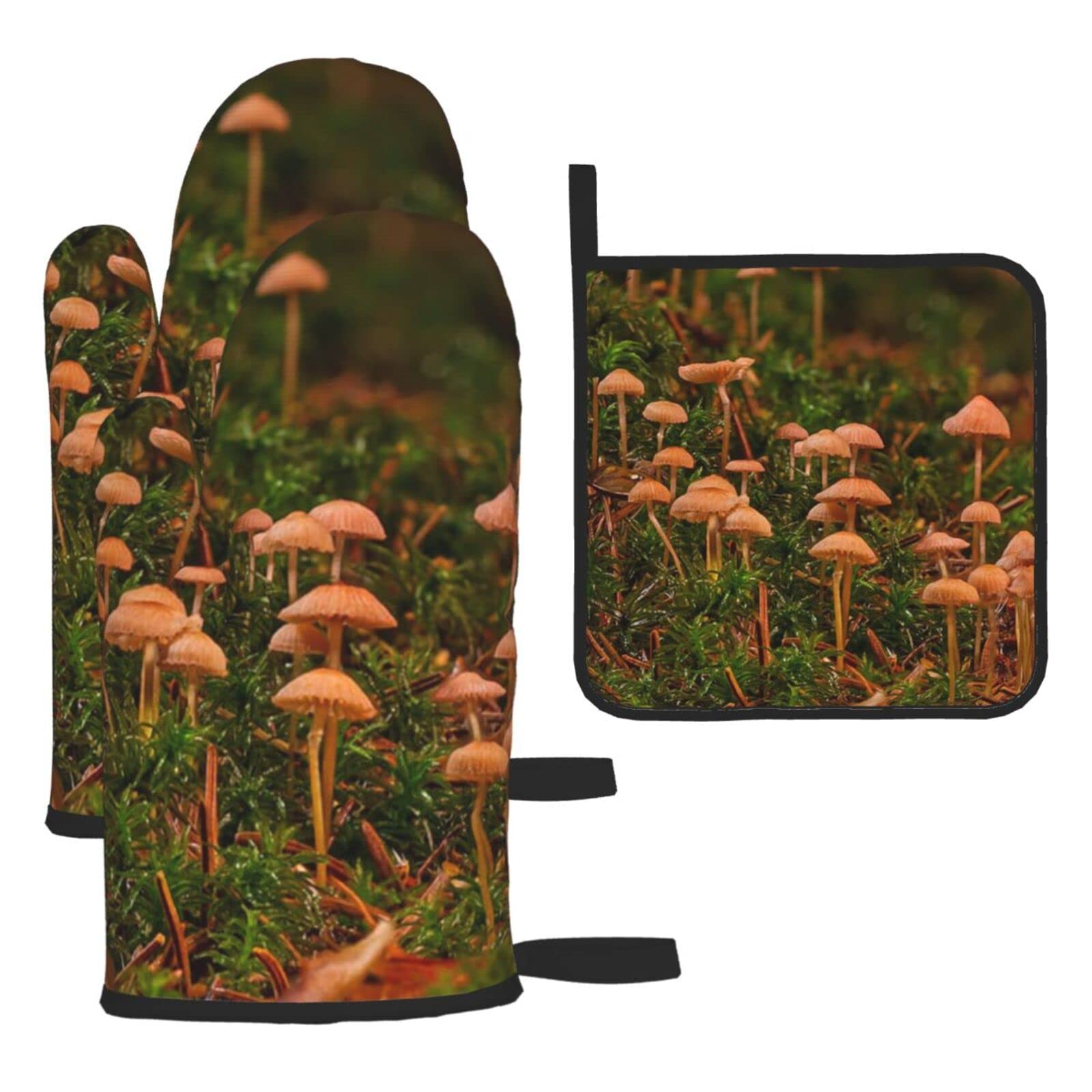 Wild Mushroom Printed Kitchen Baking Three-Piece Heat-Resistant Thick Cotton Oven Gloves for Cooking and Baking.