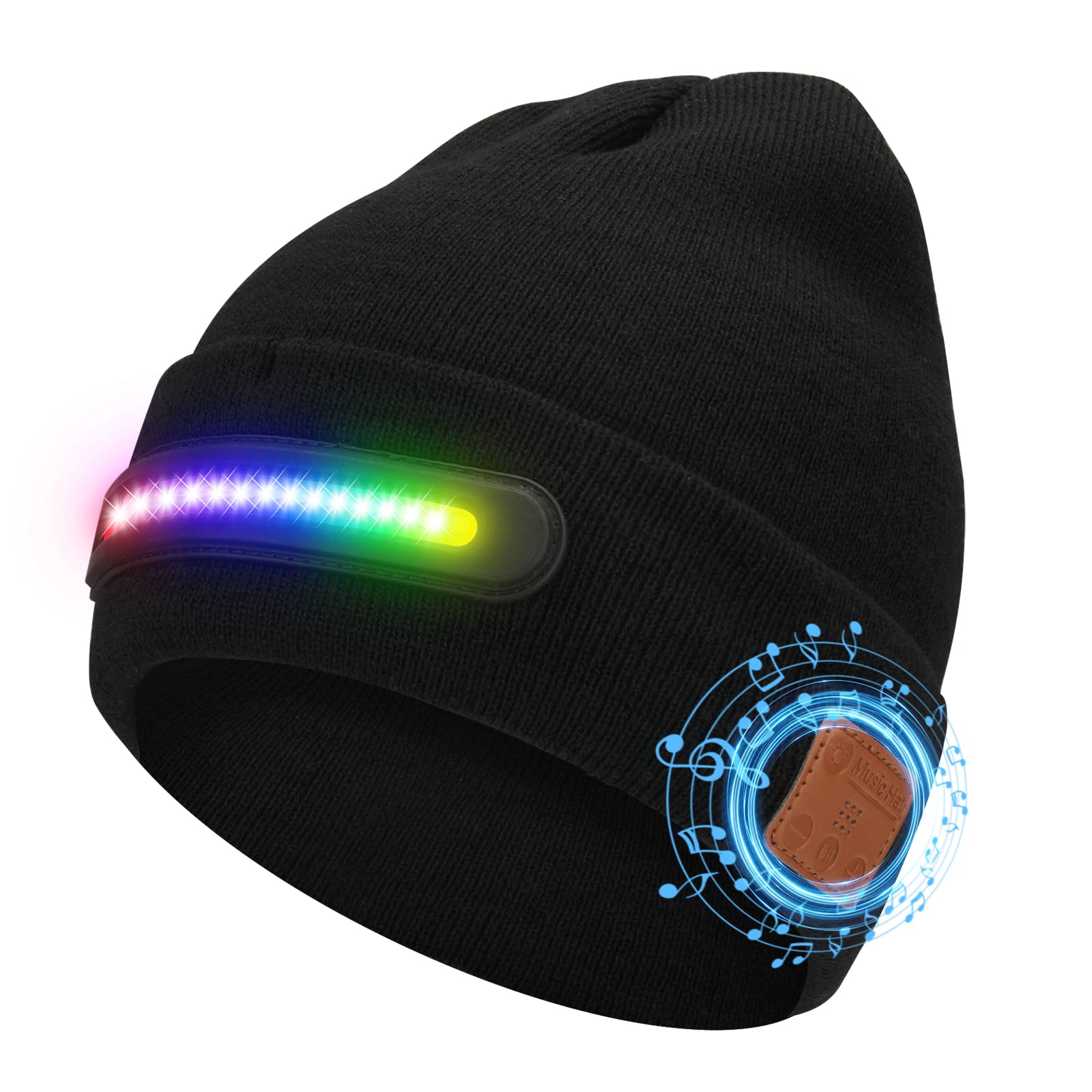 MISERWE Music Dance Light Beanie Hat, Unisex Rechargeable Headlamp Beanie with 20 LED Lights and Detachable Mic, Wireless Music Beanie Hat for Men