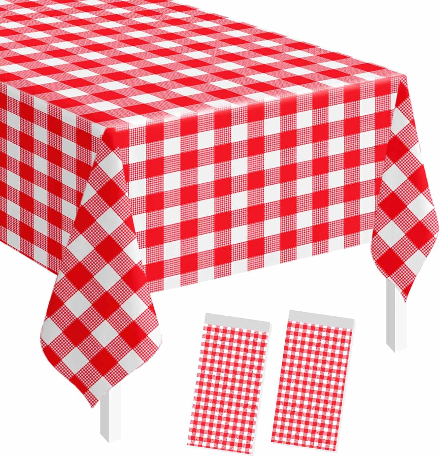 SietDESEO 2 Pack Red Gingham Tablecloth Rectangle 54 x 108 Red and White Checkered Table Cloth Disposable Plaid Table Cover Plastic for Birthday Baby Shower Picnic Wedding Party Supplies